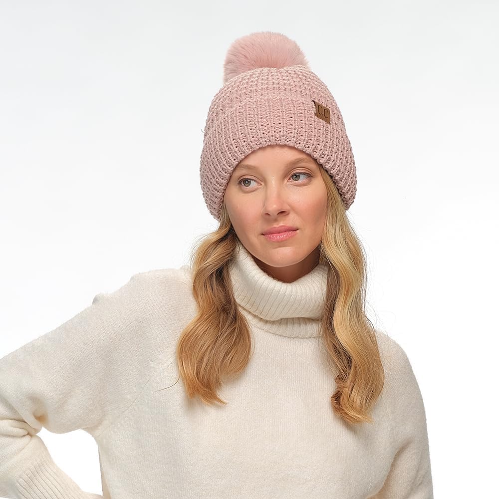 C.C Waffle Knit Pattern Cuff Beanie for Women Unisex - Acrylic Stretchable Soft Warm with Faux Fur Pom Knit Winter Skully Hat