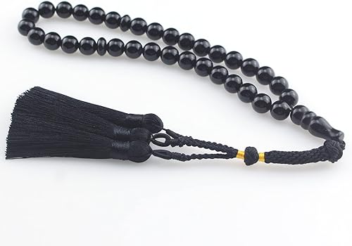 Muslims Islamic Dhikr Tasbeeh Tasbih - Cuentas de oración, ágata negra, 33 cuentas de piedra con borla