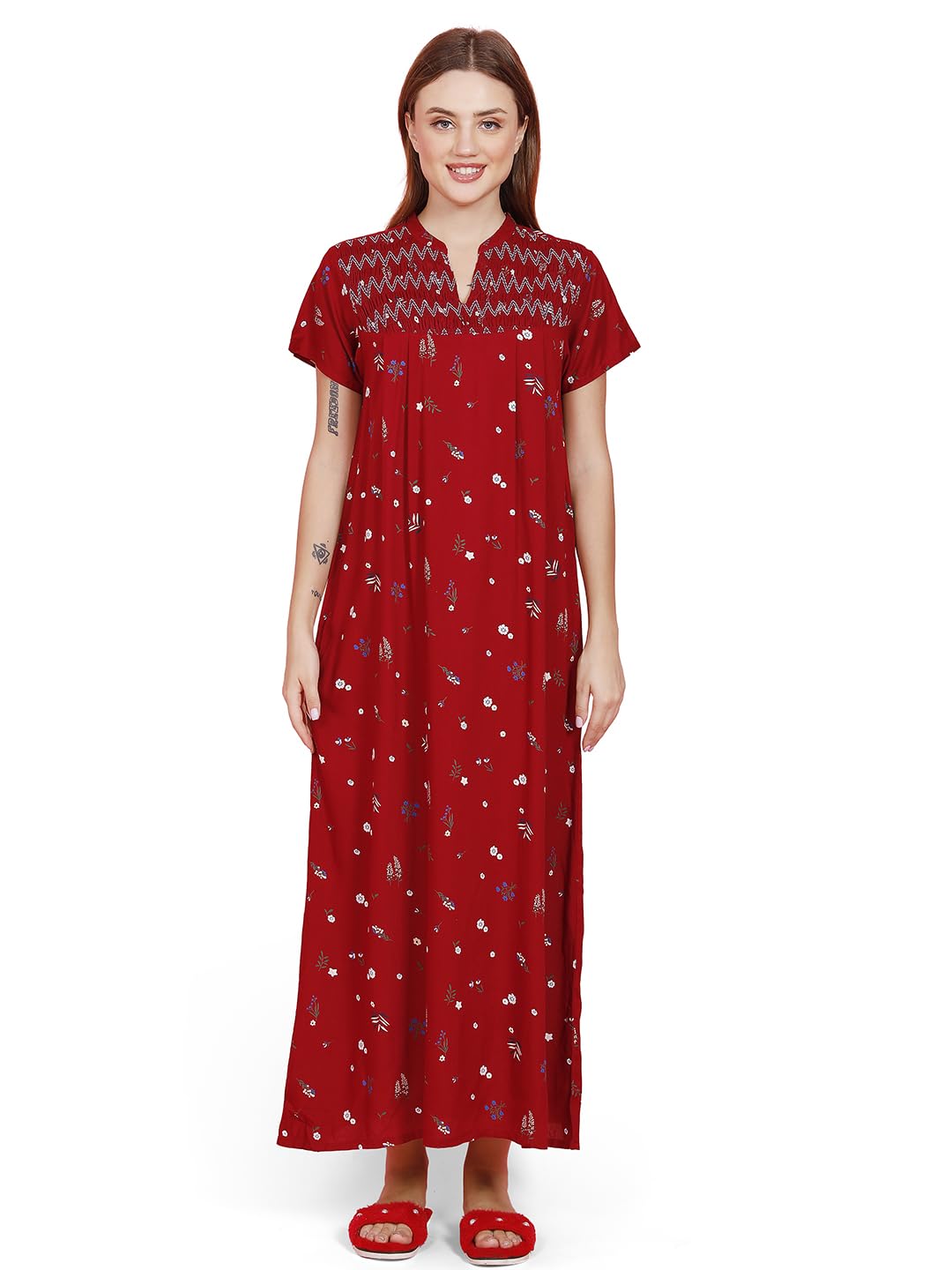 evolove Rayon Nighty Maxi for Women with Side Pocket | Printed Full Length Night Wear Gown Short Sleeves-picture-23