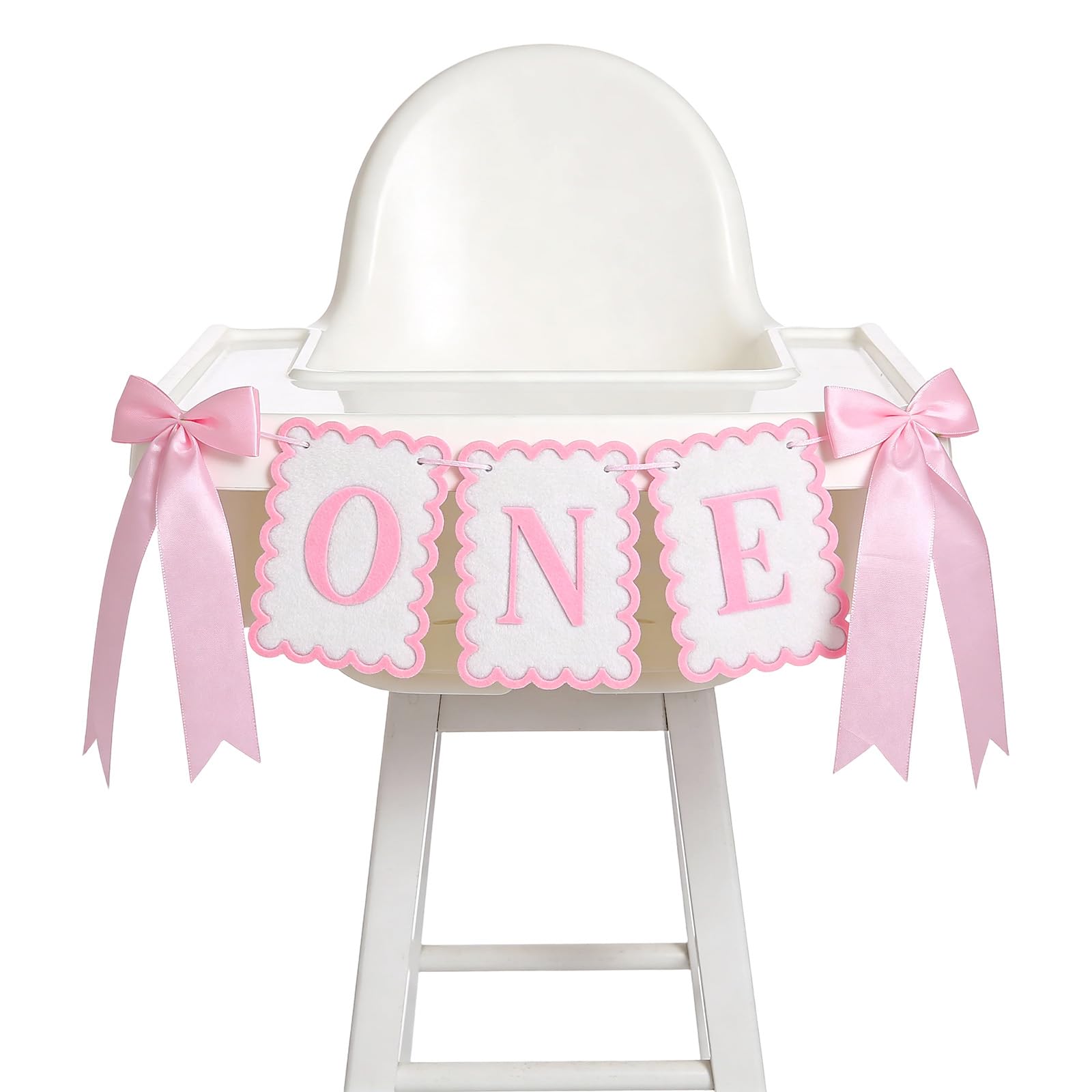 Matwsec Pink Bow One High Chair Banner for 1st Girls Birthday, Felt Highchair Birthday Banner for Girls Sweet One Party Supplies Photo Prop (Pink and White)