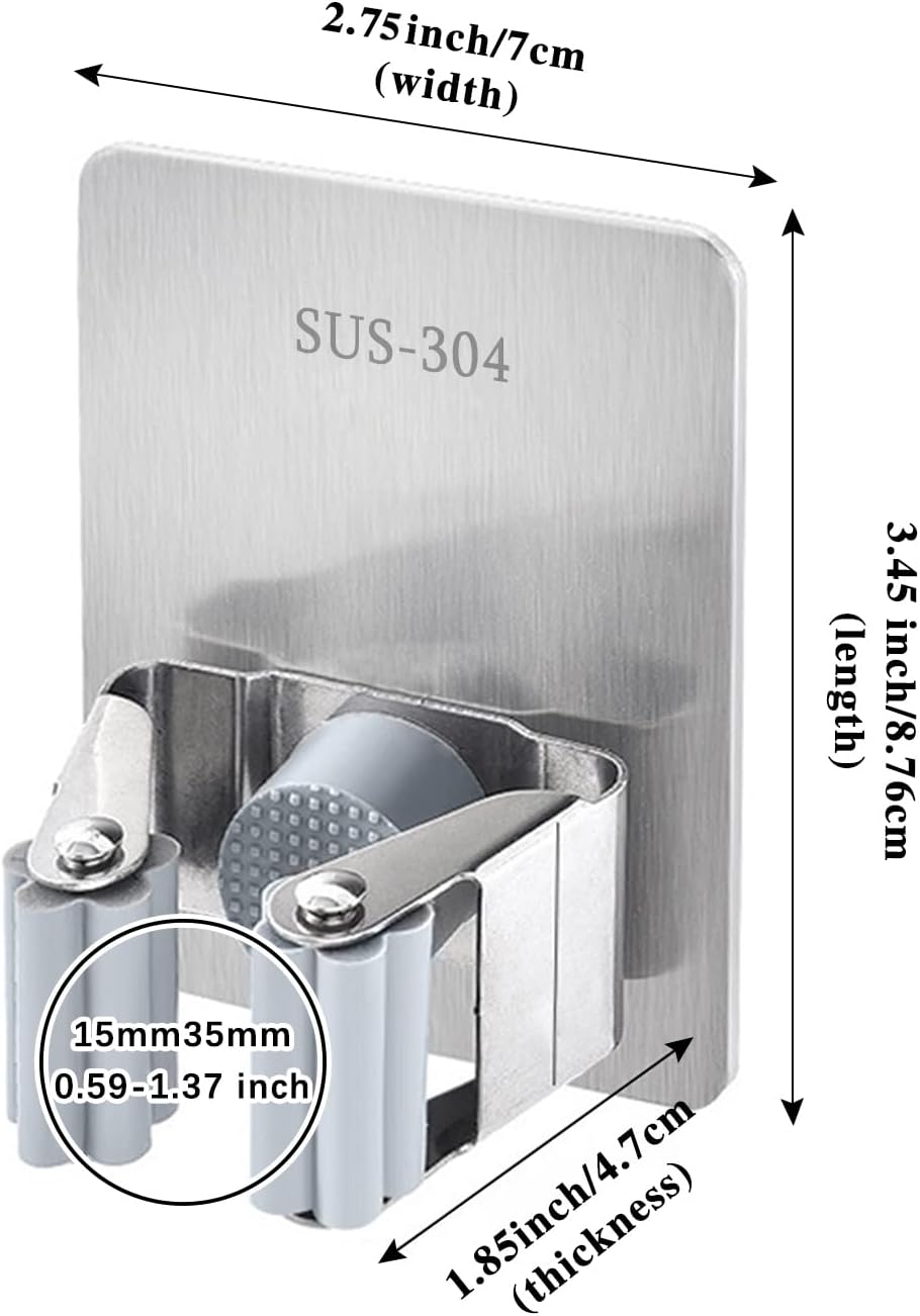 2PCS Broom Holder Wall Mount Self Adhesive Mop and Broom Holder Stainless Steel Broom Hanger Heavy Duty for Laundry Storage Bathroom Kitchen Garage image 4