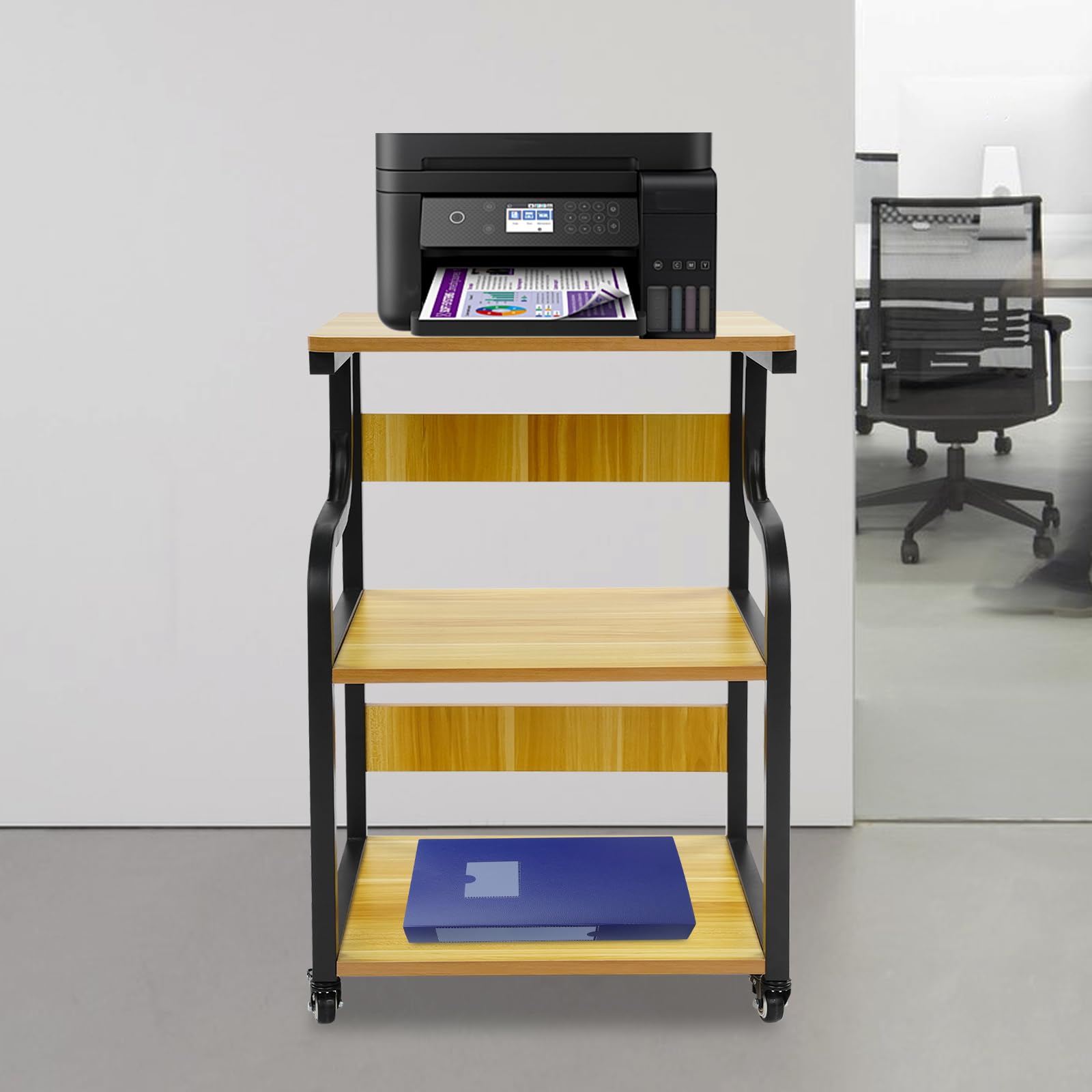 3-stufiger Druckertisch mit Rollen, Metall Druckerwagen Druckerständer für Büro, Zuhause und Arbeitszimmer, Druckerschrank, Rolling Cart Stand Druckerregal für Heat Press, Mikrowelle (Schwarz)