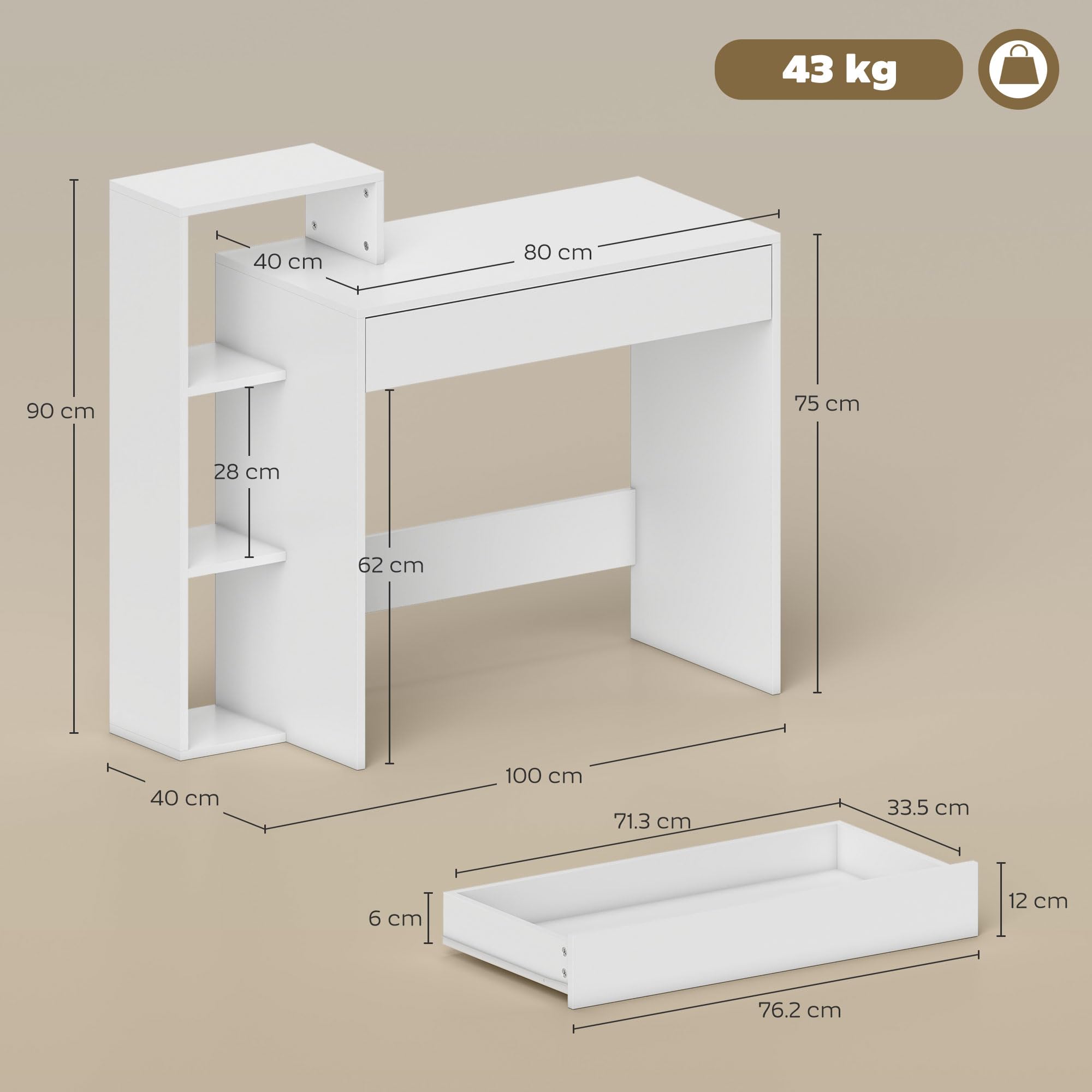 HOMCOM Scrivania Salvaspazio Moderna con 3 Ripiani Aperti e Cassetto Grande, Scrivania con Libreria in Legno, Tavolo Porta PC per Computer, per Ufficio, Studio e Camera da Letto, 100x40x90cm, Bianco