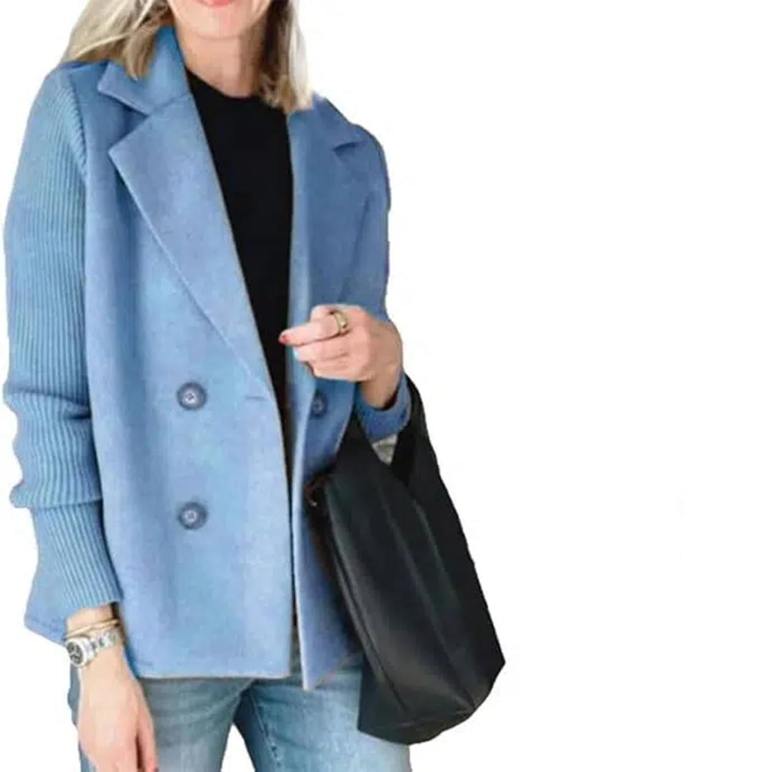 Apvirdy Sweater Blazer for Women 2025 Fall Knit Wool Pea Coats Notch Lapel Double Breasted Cropped Sweater Jacket