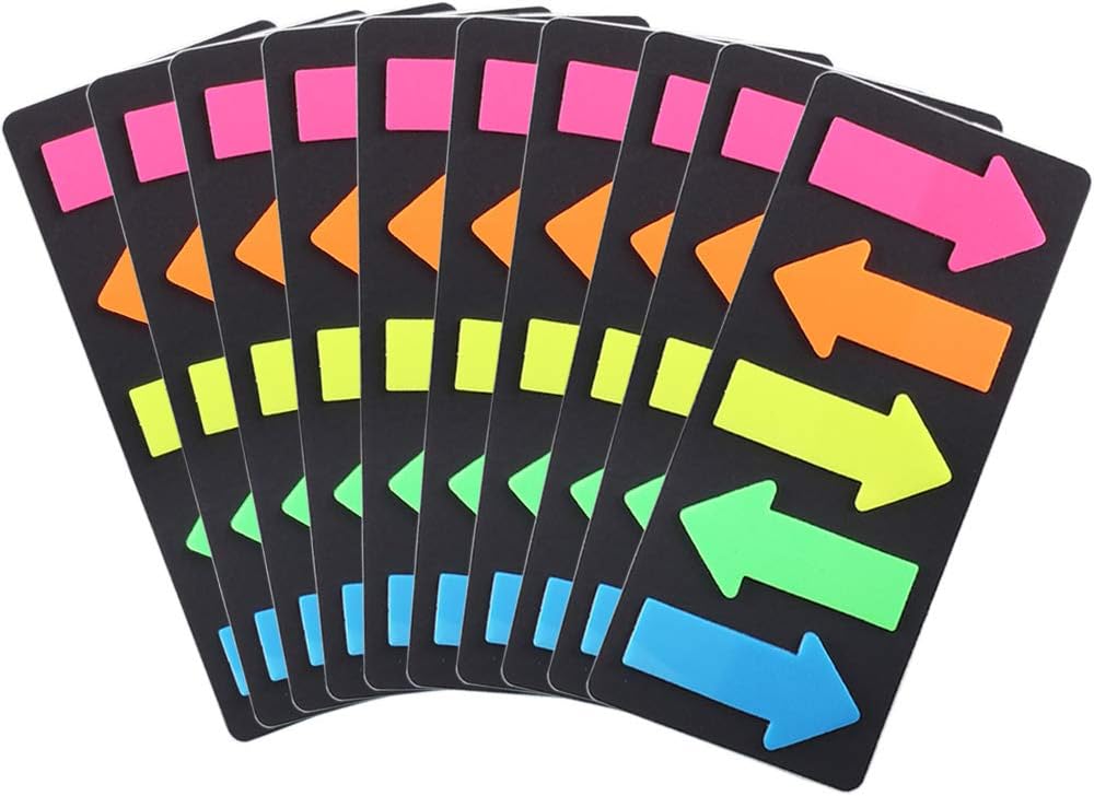 FJSM Sticky Page Makers Arrow 1000pcs 5 Colors Adhesive Sticky Note Fluorescent Neon Sticky Note Bookmarks Index Tabs Flags Reading Highlighter Strips for Pages Notebook Cards Mark