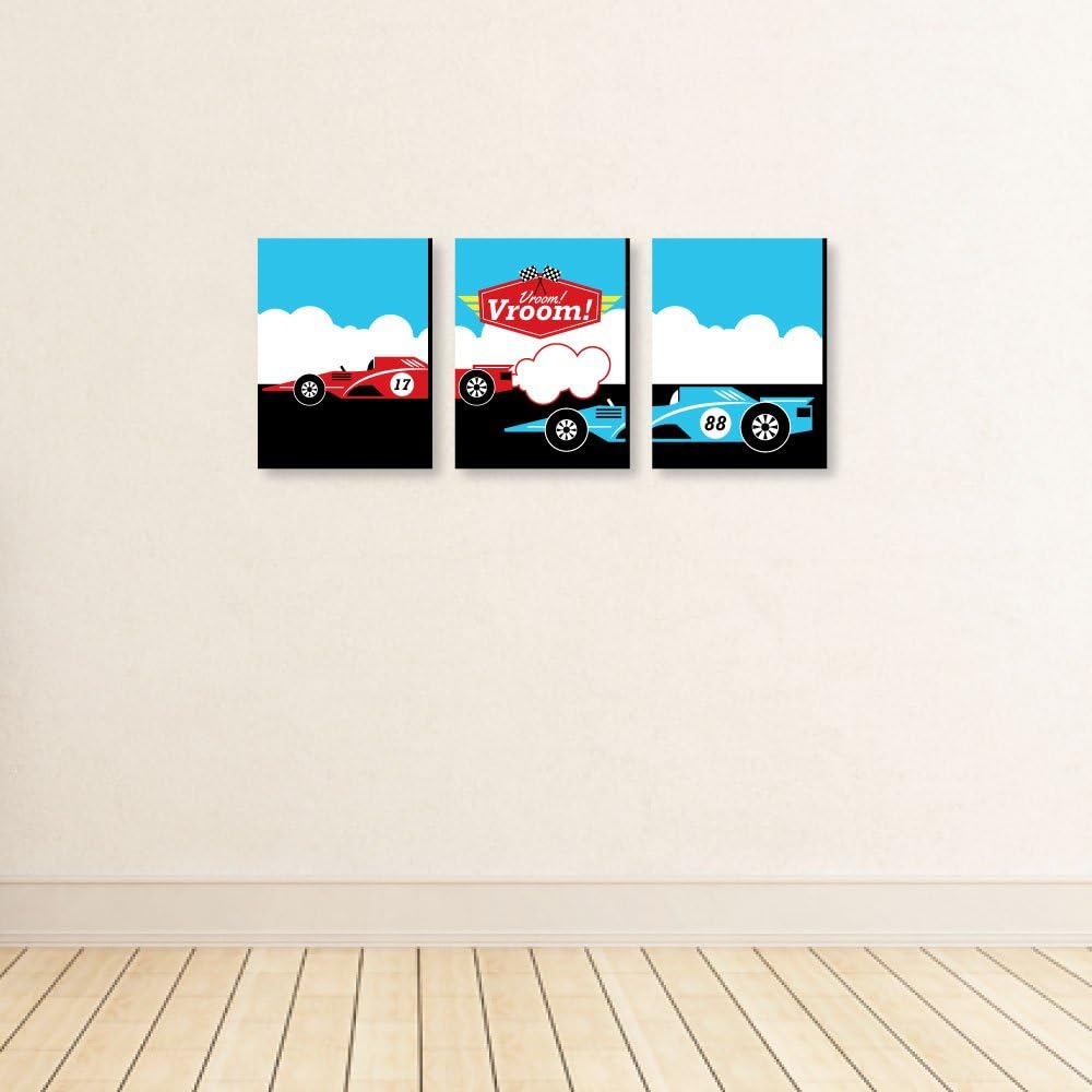 Big Dot of Happiness Let’s Go Racing - Racecar - Nursery Wall Art, Race Car Kids Room Decor and Game Room Home Decorations - Gift Ideas - 7.5 x 10 inches - Set of 3 Prints