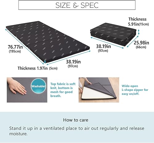 Miniatura 2 de EMOOR Colchón de espuma de alta resistencia de 2 pulgadas, tamaño individual (77 x 38 pulgadas), color gris, extraíble y lavable