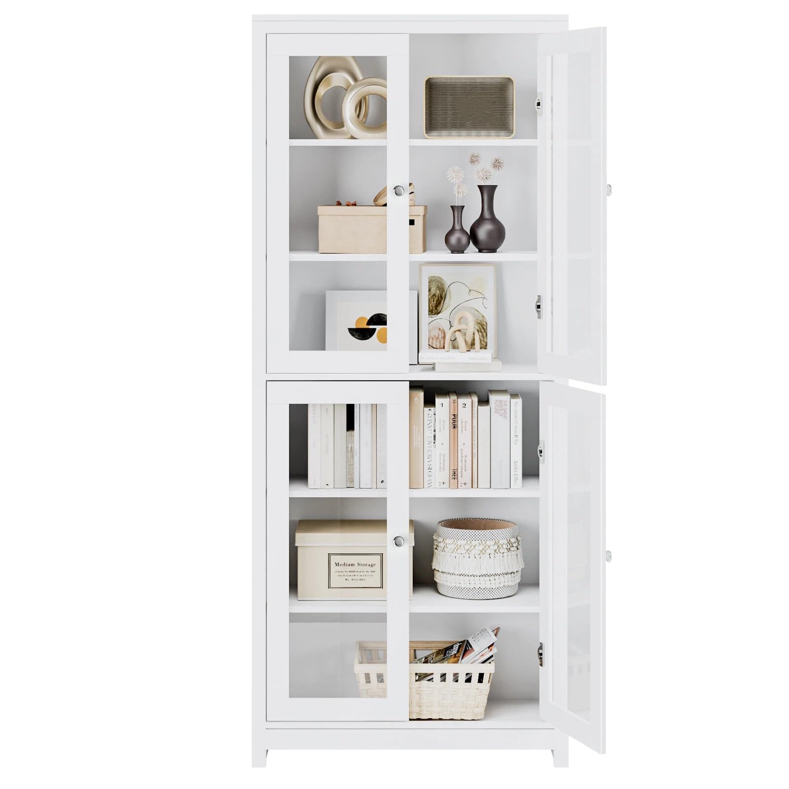 FOREHILL 190 cm Vitrinenschrank, Bücherschrank mit 4 Türen 6 Fächern, Hochschrank, Schrank für Wohnzimmer Küche Esszimmer Büro, weiß