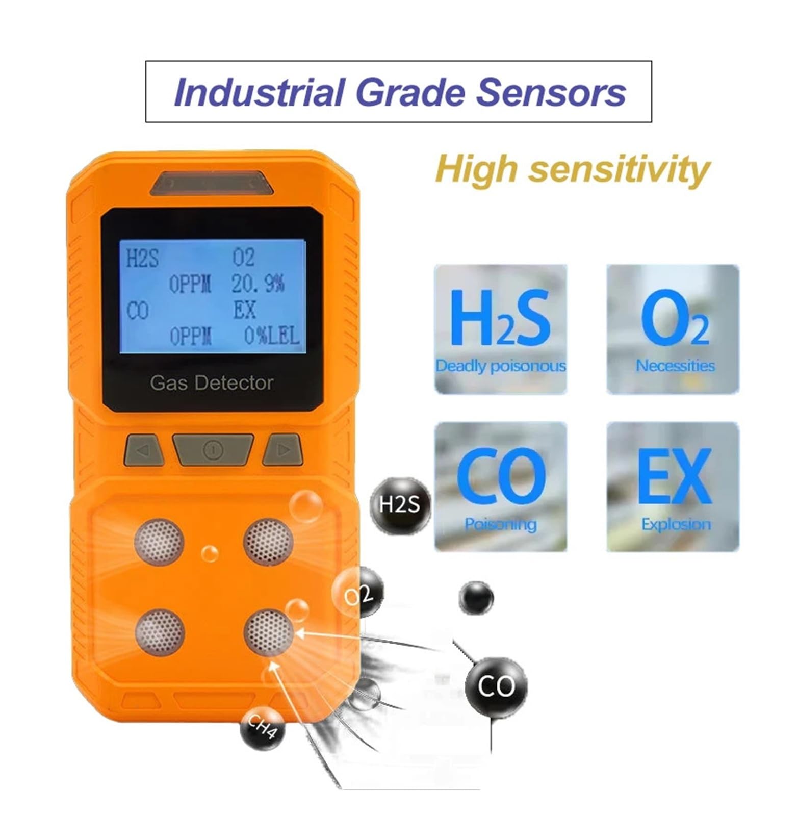 Détecteur de gaz Portable 4 en 1 (O2, CO, H2S, combustibles) - Analyseur fuites Rechargeable for Le Travail et la Maison Haute sensibilité