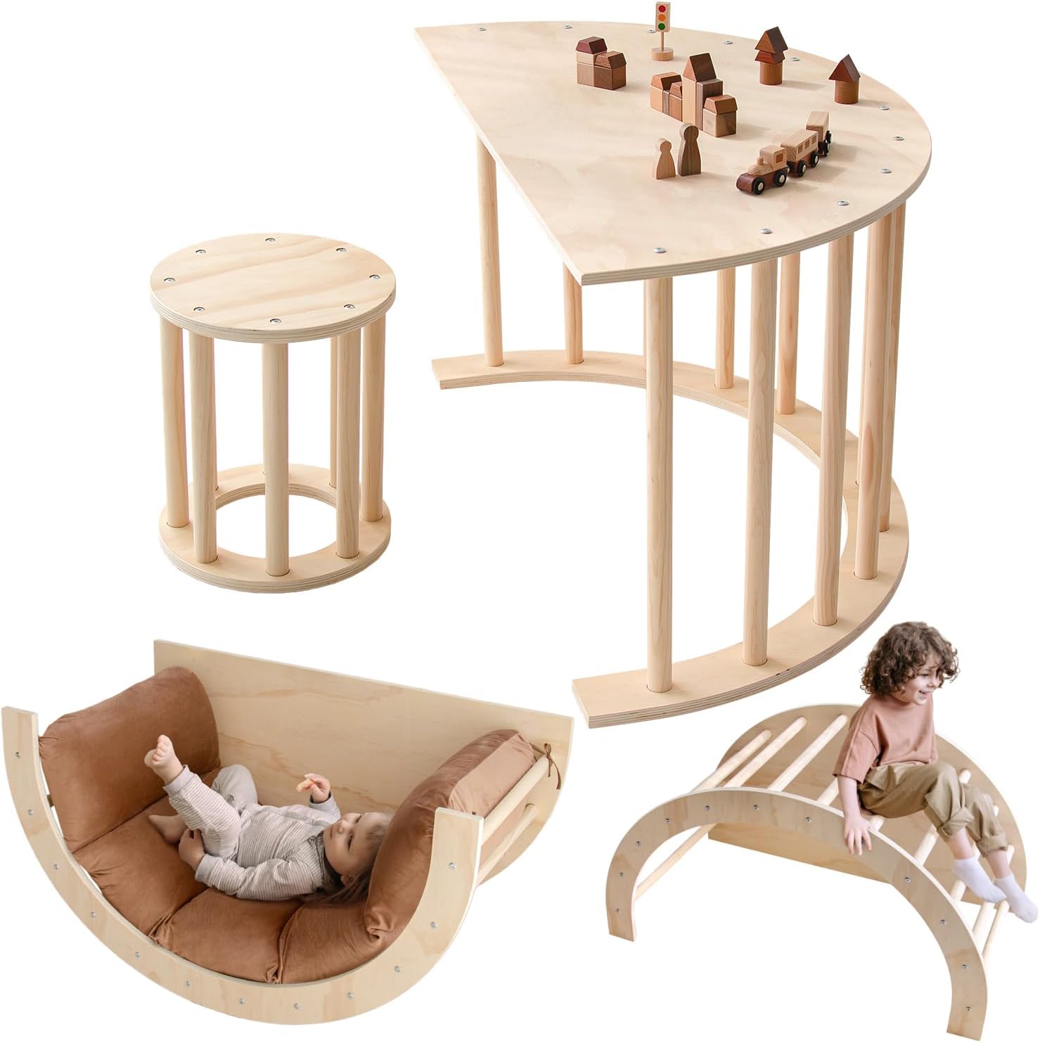 Arch Rocker Arch with Cushion - Wooden Climber Montessori Climbing Arch for Kids, Pillow for Arches (Arch Table Stool with Cushion)