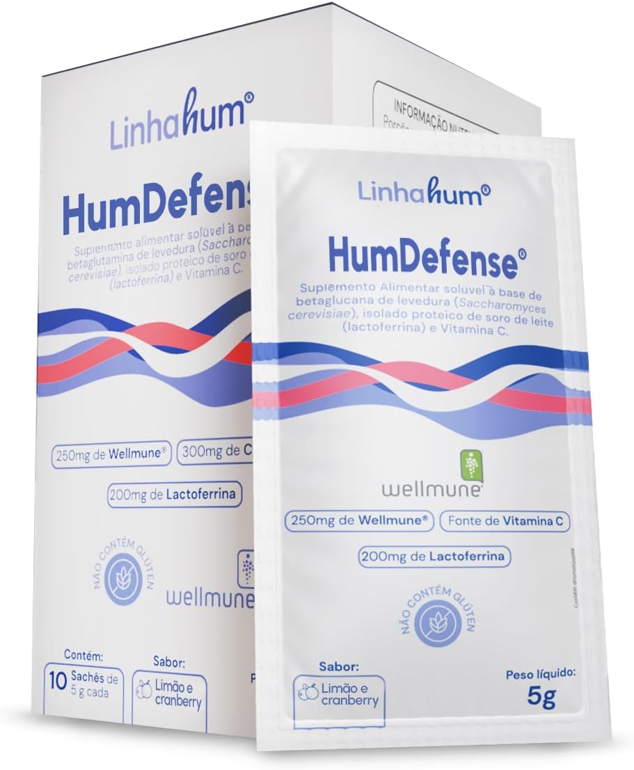 Linhahum HumDefense, Suplemento com Wellmune e Lactoferrina, Sabor Limão e Cranberry, 10 Sachês de 5g