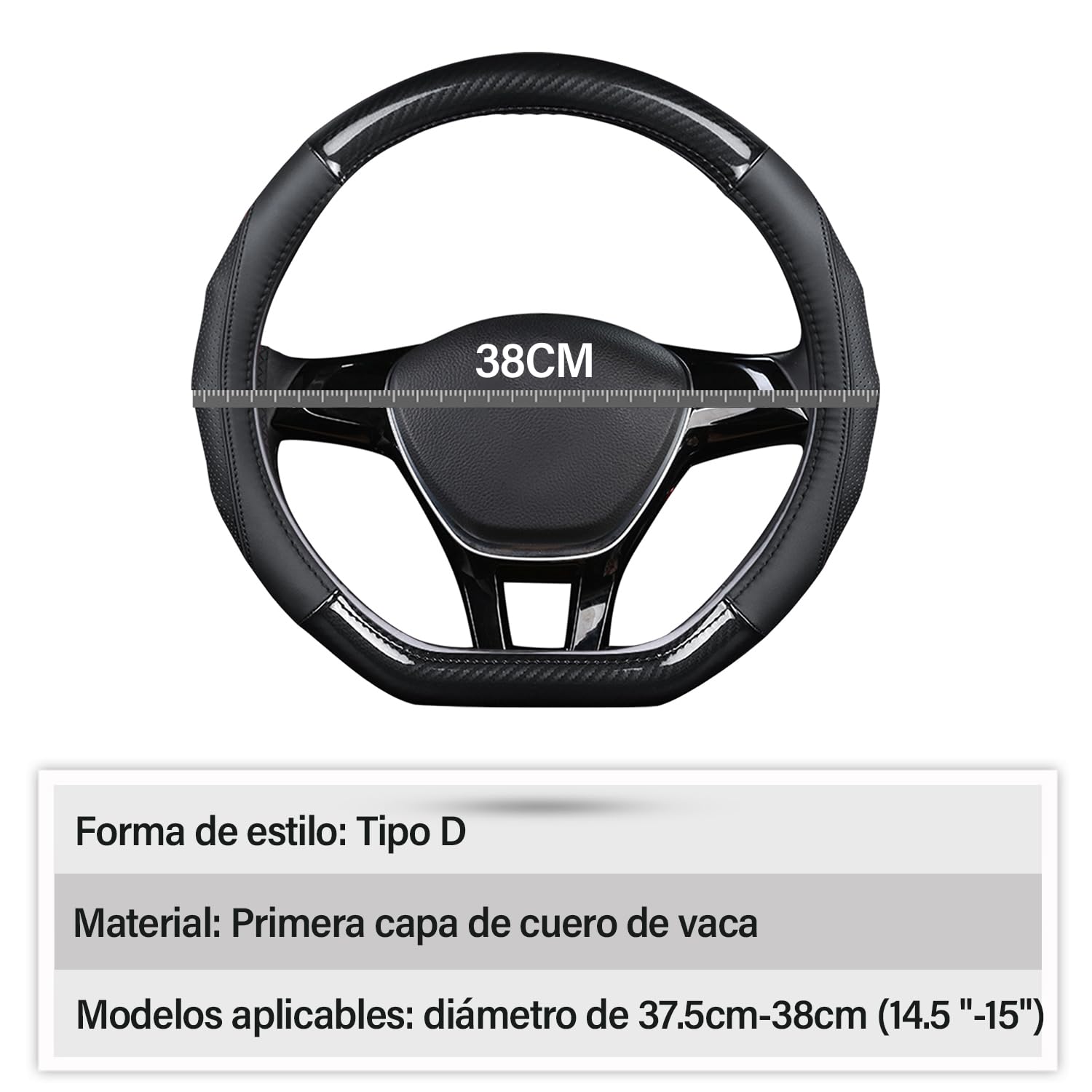 Ergocar Funda Volante De Coche Antideslizante Volante De Coche Protector Forma De D Fibra de Carbono & Piel de Vaca de Primera Capa Para Diámetro 38cm (15 ") (D-negro)