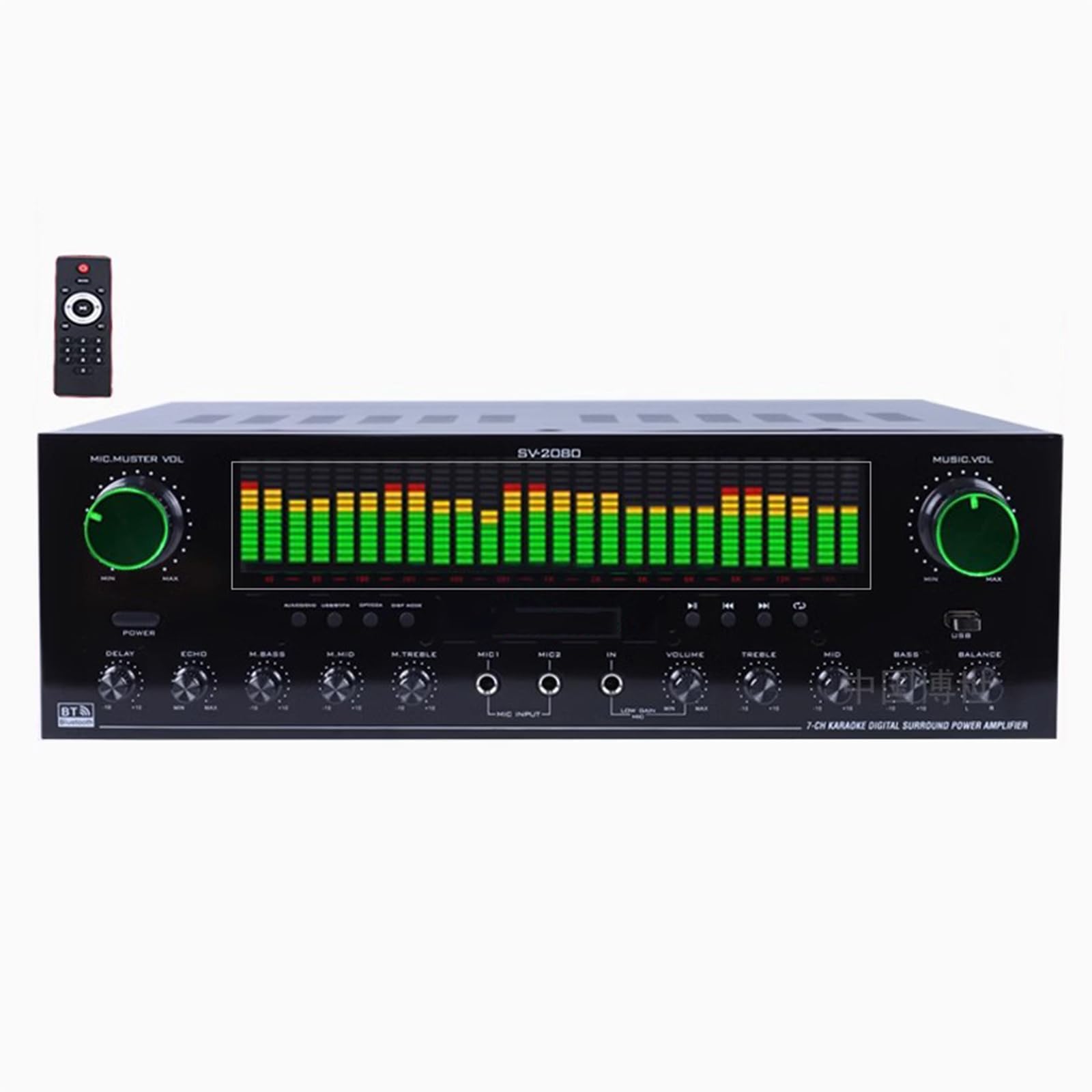 Amplificatore Stereo Bluetooth a 7 Canali, Ricevitore Audio Surround Subwoofer da 1350 W, con Display dello Spettro Musicale, Telecomando, USB/SD/RCA/Mic/in