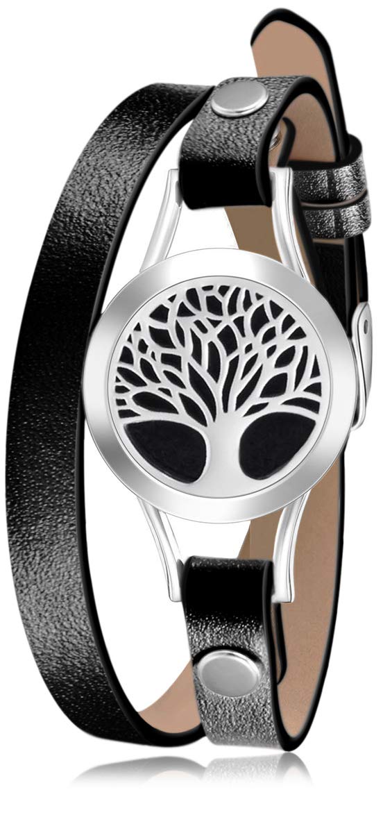 mEssentialsWild Tree of Life Black Leather Band Oil Diffuser Bracelet, Stainless Steel Aromatherapy Locket with 12 Color Pads, Womens Jewelry Gift Set