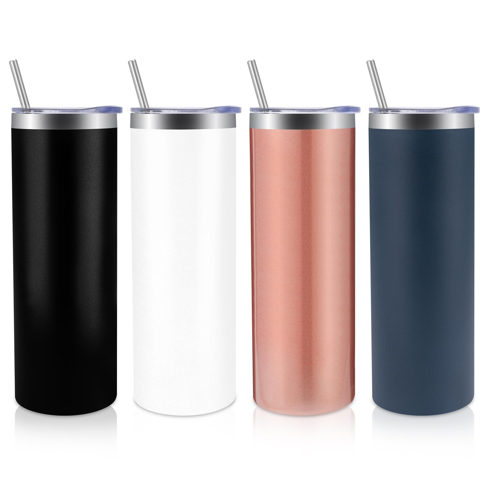 Volhoply 4 Pack Skinny Tumblers with Lid and Straw, 600ml (20oz) Stainless Steel Straight Tumbler Bulk, Vacuum Insulated Coffee Mug for Home, Office, Travel, DIY (Mix,4 Pack)