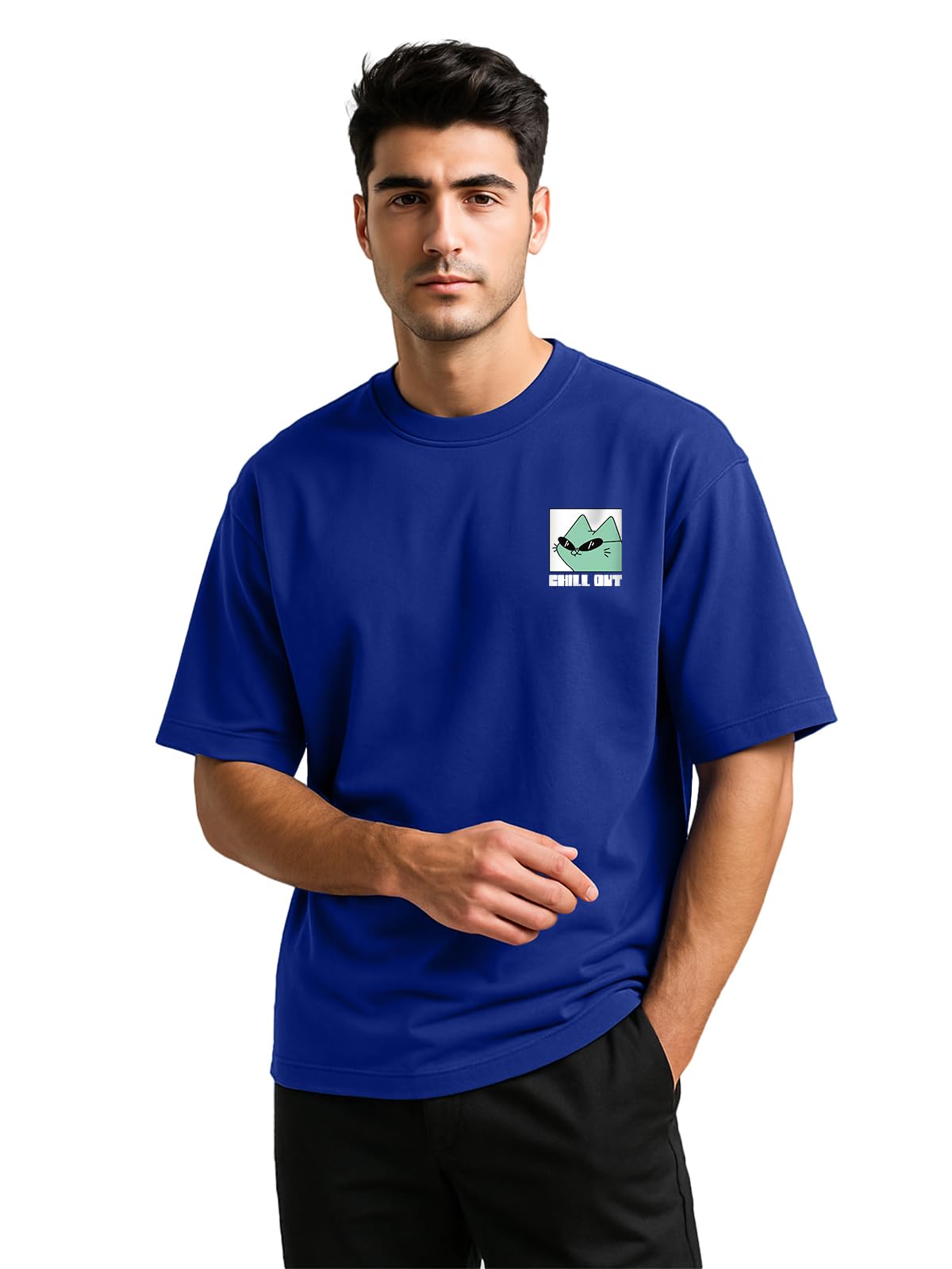veirdo Oversize Loose Baggy Fit Drop Shoulder Cool and Stylish Latest Chill Out Pocket Print Design Royal Blue Half Sleeve T-Shirt for Men-picture-21