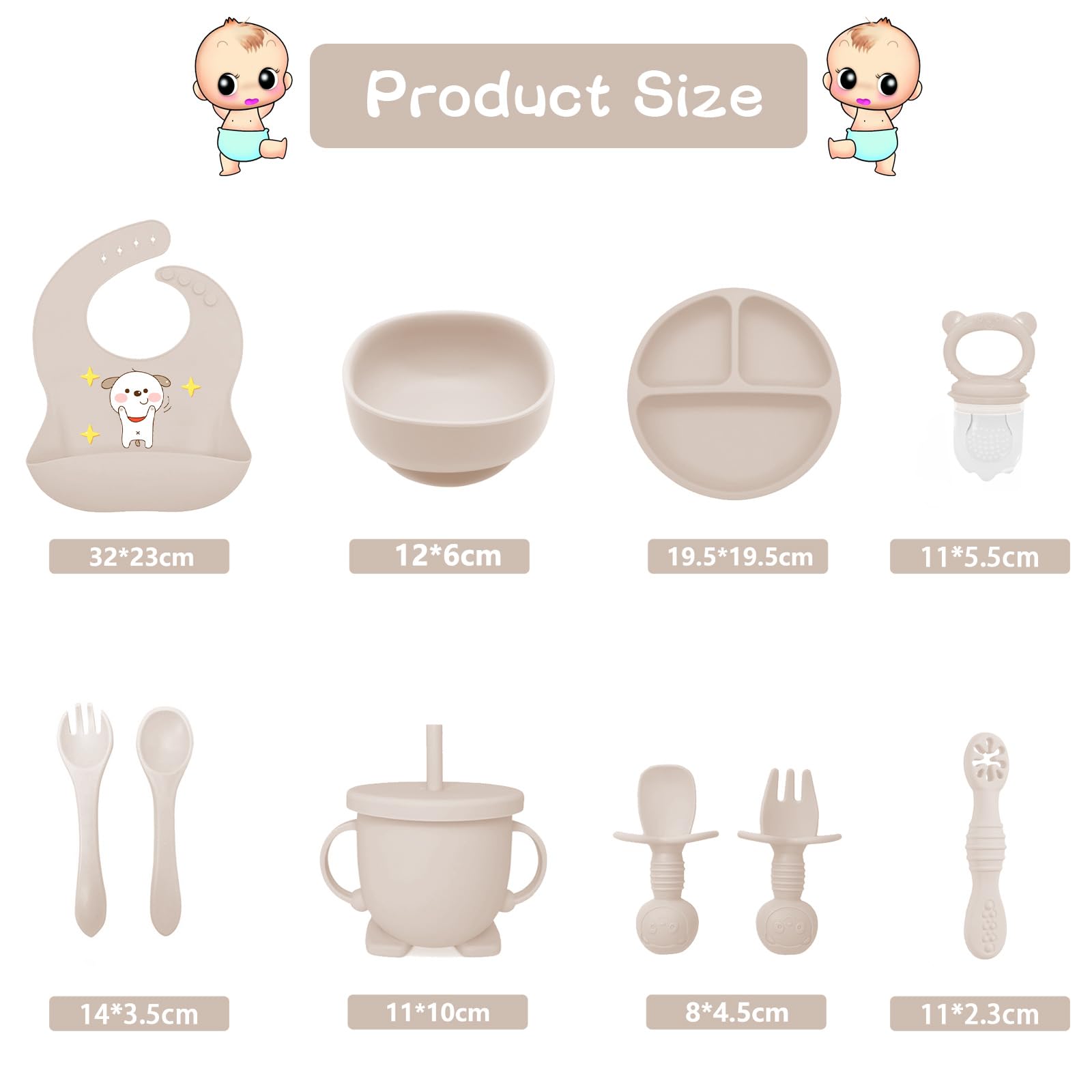 Coffret Repas Bebe 12 pièces, Vaisselle Antiderapant pour Bébé Set Silicone avec Ventouse Assiette Bol Fourche Cuillère Bavoir et Tasse, Assiette Enfant Set, Sans BPA (Beige)