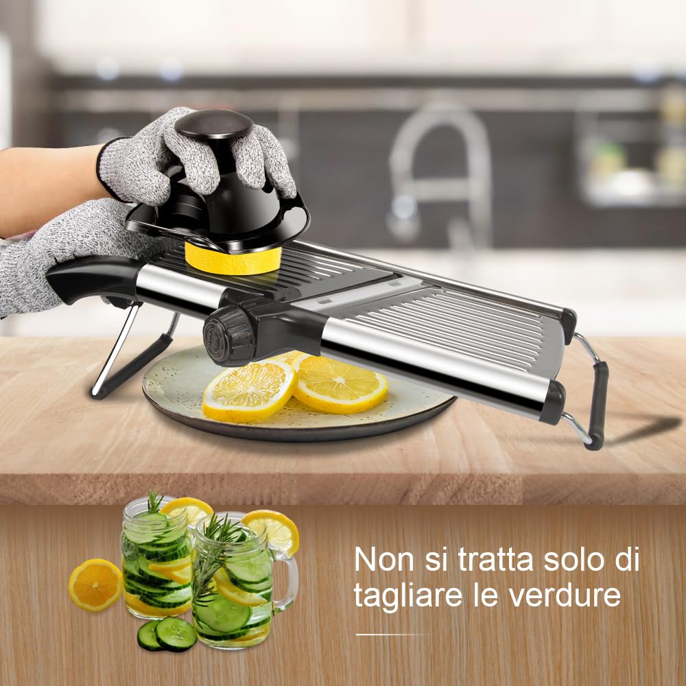 Masthome Mandolina Professionale, Mandolina per Verdure Professionale, Affetta Verdure Tagliaverdure Manuale, Mandoline in Acciaio Inox con Guanti di Sicurezza e Spazzola, per Frutta e Verdura