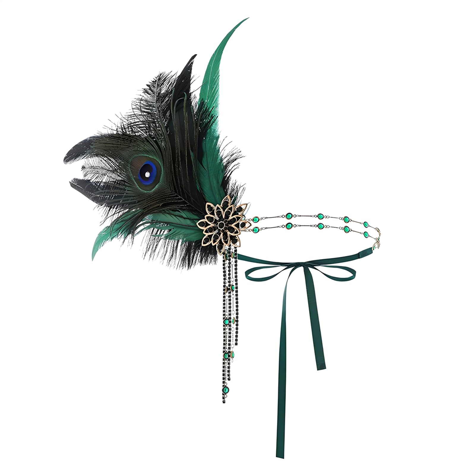 howkuhat Fascinators for Women 1920s Headband Great Gatsby Accessories Women Fascinator Flapper Headband Rhinestones Headpiece Vintage arty Gatsby Headpiece (Green+Black Feather
