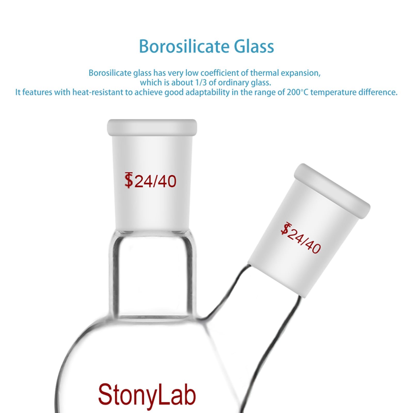 StonyLab Glass Heavy Wall 2 Neck Round Bottom Flask with 24/40 Center and Side Standard Outer Joint — Amazon image 4