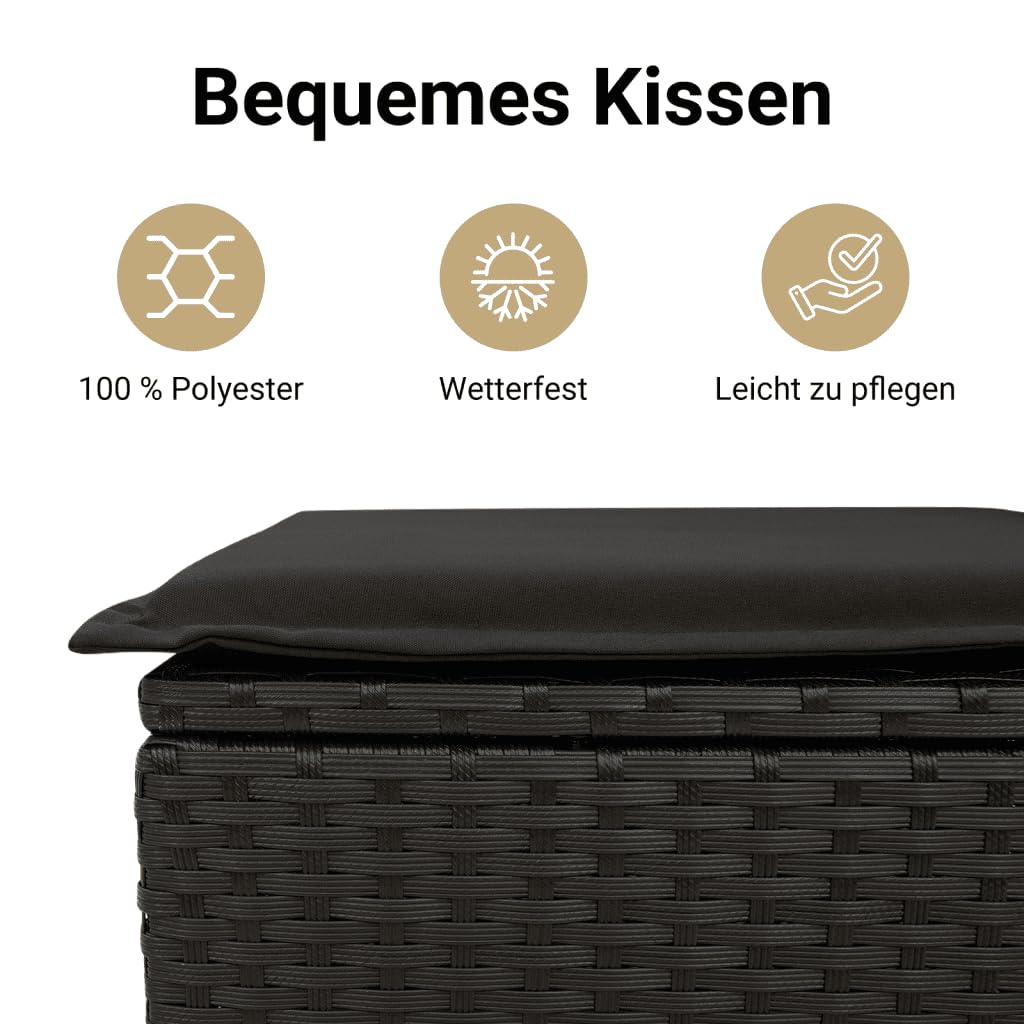vidaXL Gartensofa mit Kissen 2-Sitzer, Outdoor Sofa mit Hocker mit Staufach, Couch mit abnehmbarm Bezug, Gartebmöbel Gartengarnitur, Schwarz Poly Rattan