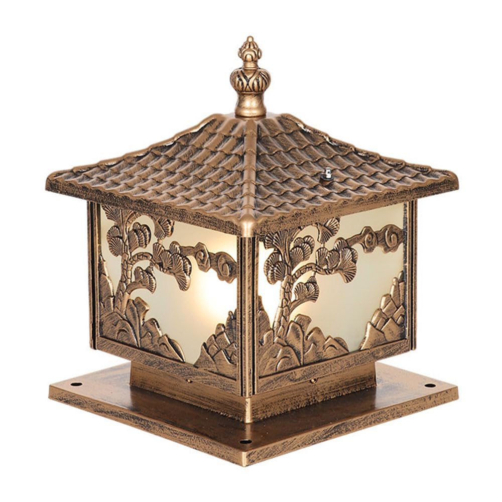 KUEYANB Vintage Outdoor Post Light Waterproof E27 Fence Post Cap Light for Villa Gate Courtyard Garden Patio Chinese Style Pillar Lantern Exterior Decorative Column Lighting for Driveway Porch