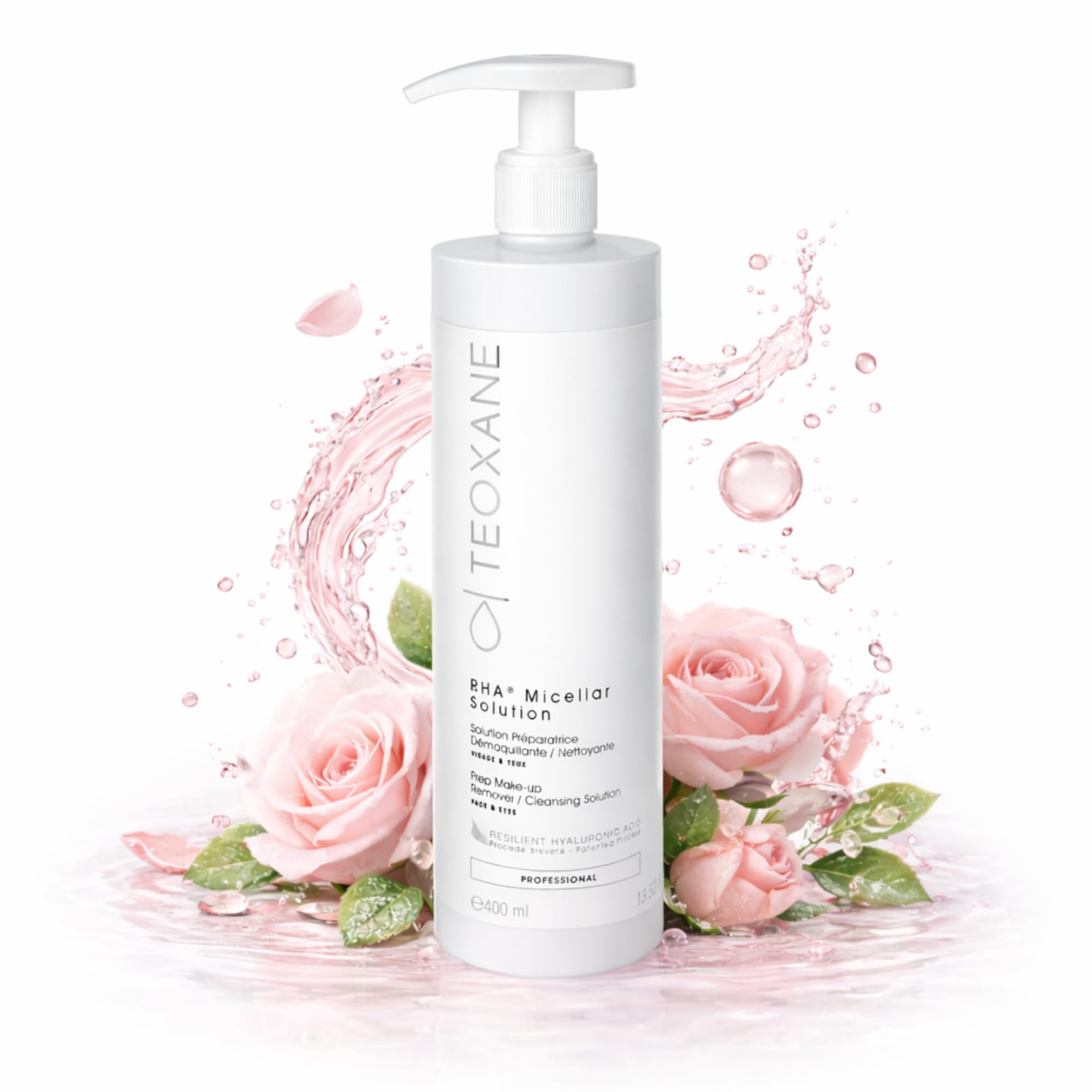 TEOXANE RHA® Micellar Solution 400ml – Mizellen wasser Gesichtsreinigung mit rosenwasser & Hyaluronsäure – Make up Entferner & gesichts reiniger – rose water, tonic fürs gesicht, gesicht tonic