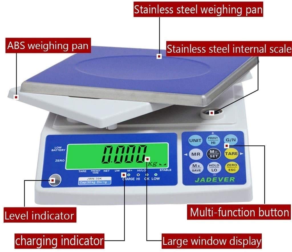 Elektroniczna waga 30 kg/1 g, wysoka precyzja, elektroniczna waga licząca, cyfrowa waga przemysłowa LCD, platforma ze stali nierdzewnej z funkcją zerowania tarowania do wysyłki paczek pocztowych(30kg/