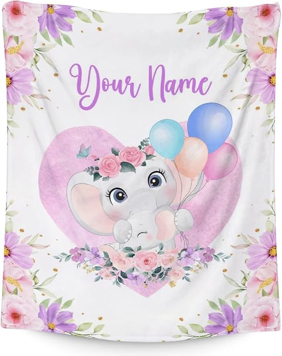Personalized Elephant Blanket Gifts with Name - 60"x80" Cute Throw for Women Girls - Purple Soft Fuzzy Blankets for Bed, Couch & Living Room