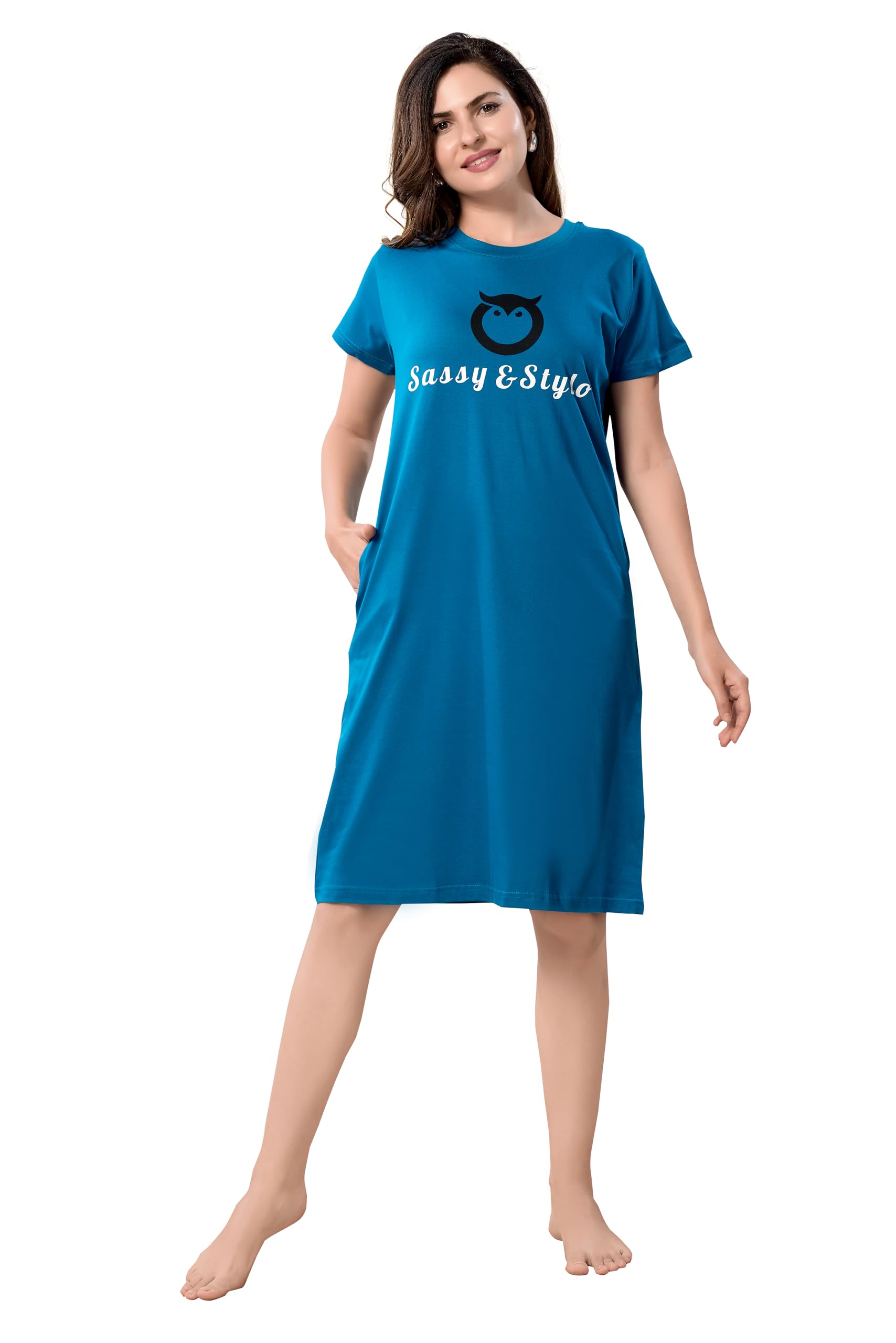 Women's Solid Printed Casual Cotton Knee Length Regular Fit Nighty | Cotton Short Nighty for Girls & Ladies | Nightdress | T-Shirt-picture-37
