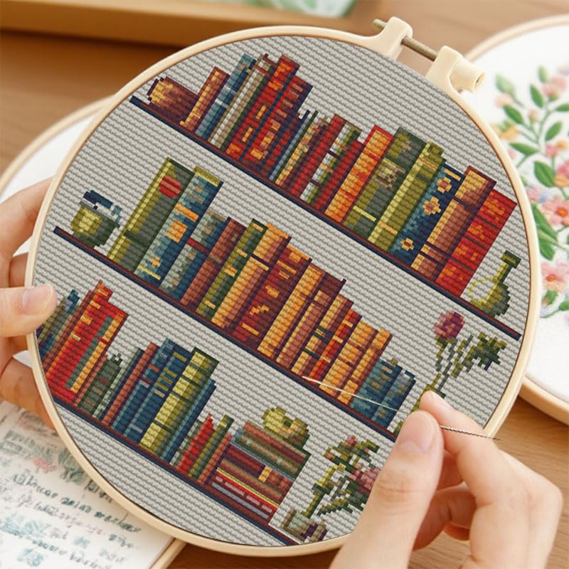 Image of Generic Bookshelf Stamped Cross Stitch Kits for Beginners Easy 11CT Needlepoint Embroidery DIY Counted Cross Stitch Kits Art Craft Wall Decoration and Gift 40x40cm(4)