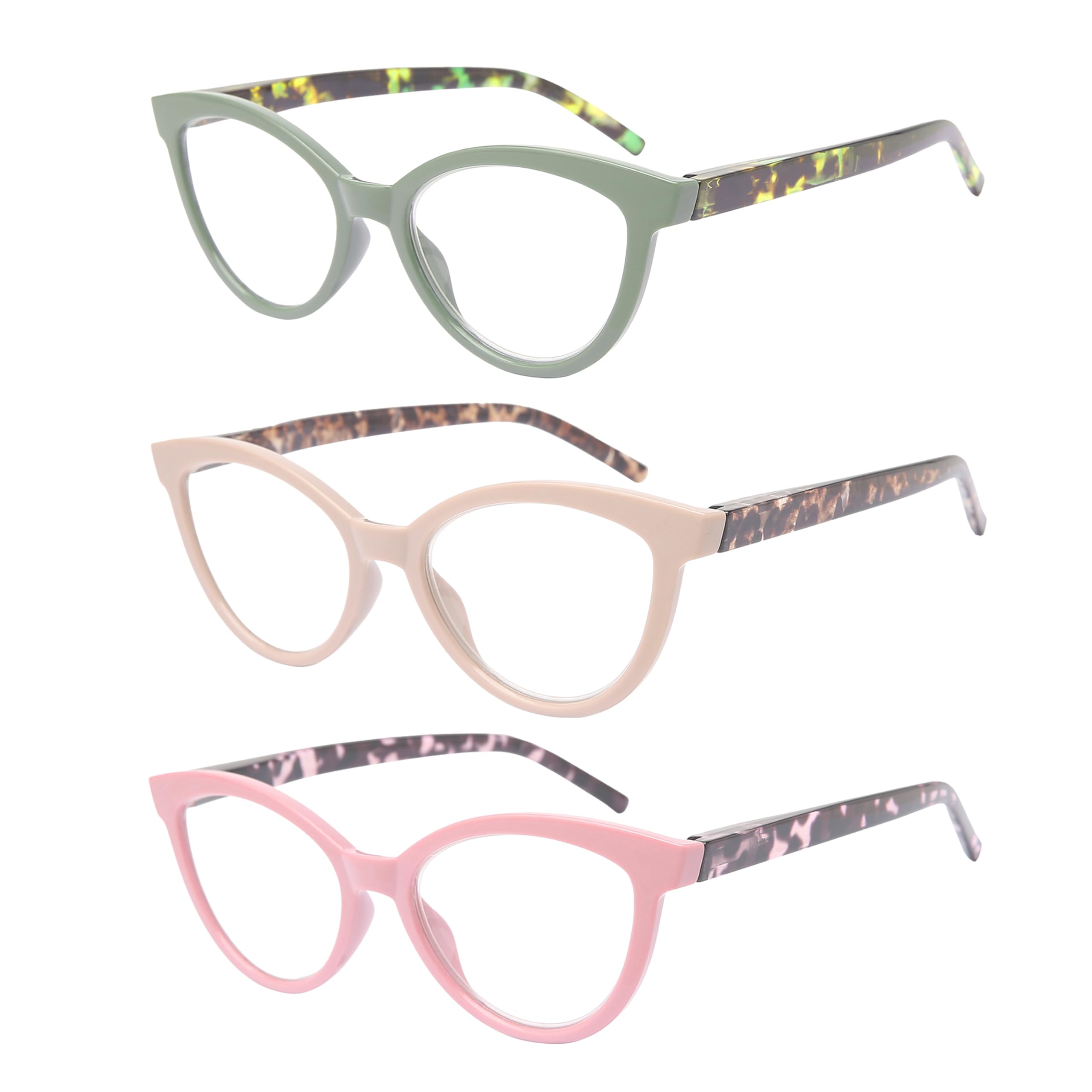 Dolarosey Reading Glasses 3 Pack Cat Eye Mixed Color Womens Clear Vision Readers (1.5), Mixed Color 3 Packs