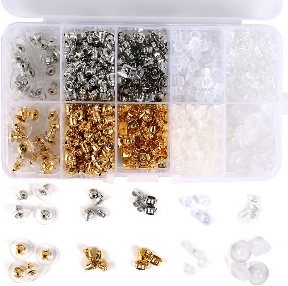 Tazweeq 1040pcs Earring Backs Kit, 10 Styles with Metal, Plastic, & Rubber Options, Includes Bullet, Butterfly, & Flower Shapes, Hypoallergenic, Convenient Storage Casel for Sharing