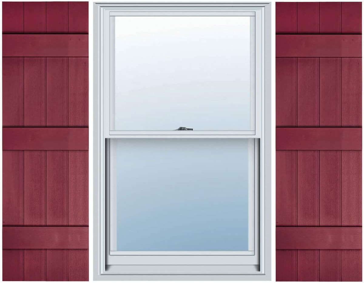 BUILDER'S CHOICE 14" x 67" Vinyl Four Board Joined Window Shutters, with Spikes & Screws (Per Pair), Berry Red