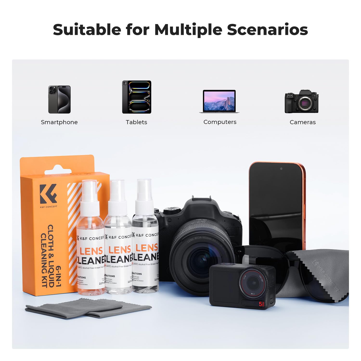 K&F CONCEPT Kit de Nettoyant pour Lunettes de Vue, Objectif Photo, Écran, Caméra, Smartphones, Masque, Nettoyage en Douceur sans Alcool - Chiffon Microfibre 15x15cm *3 + Spray Nettoyants 60 ML*3