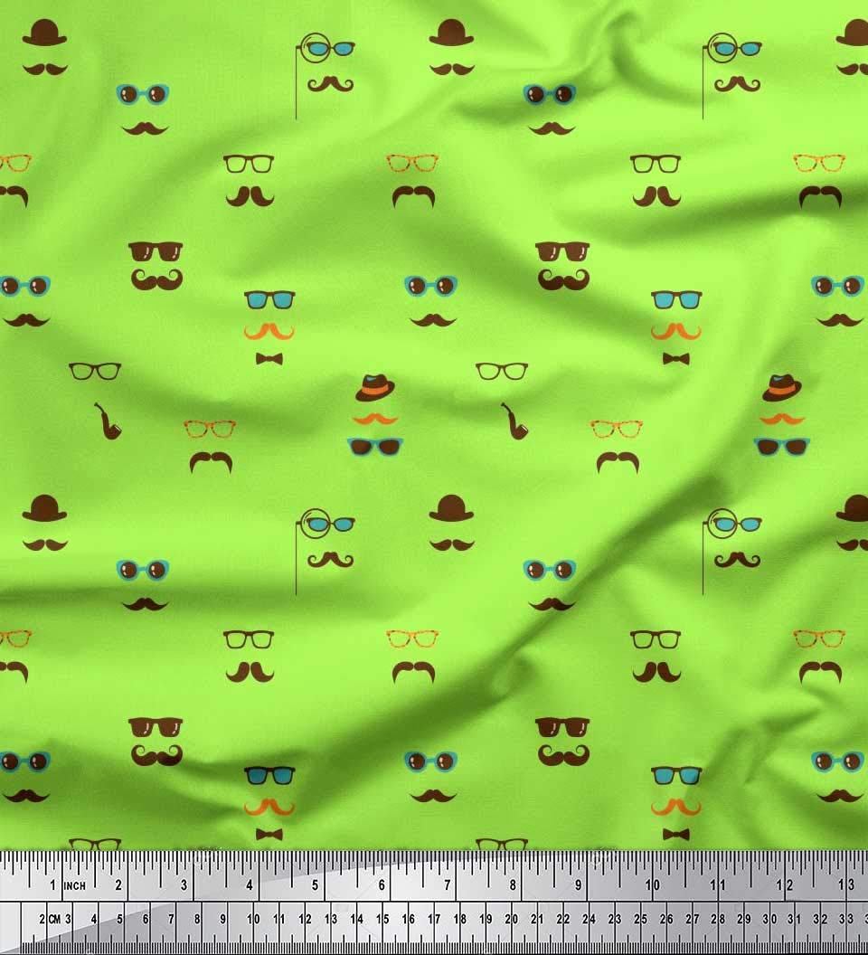 Soimoi Green Rayon Crepe Fabric Specs,Hat & Mustache Men Print Fabric by The Meter 46 Inch Wide-image-13