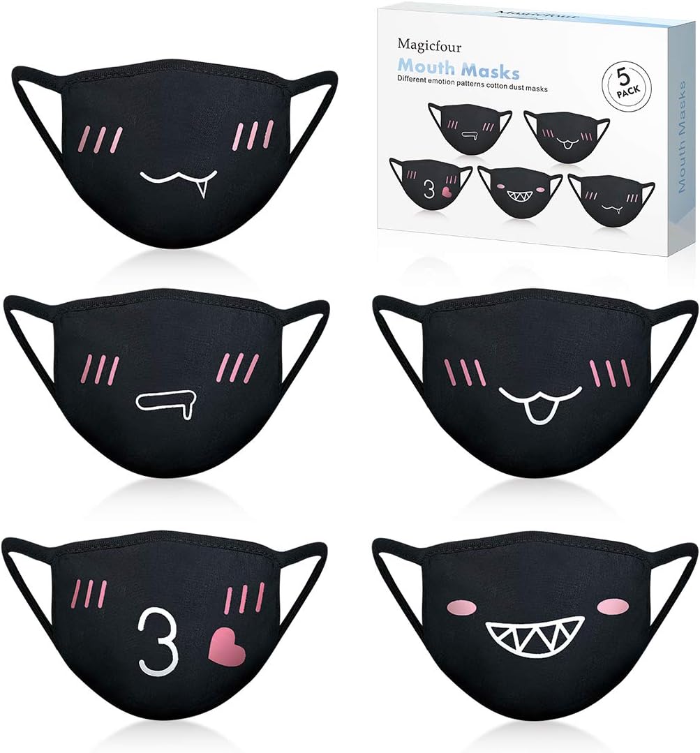 5PCS Washable Mask Reusable for Women Men, Adjustable Unisex Adult Cloth Face Masks with Nose Wire (Black)