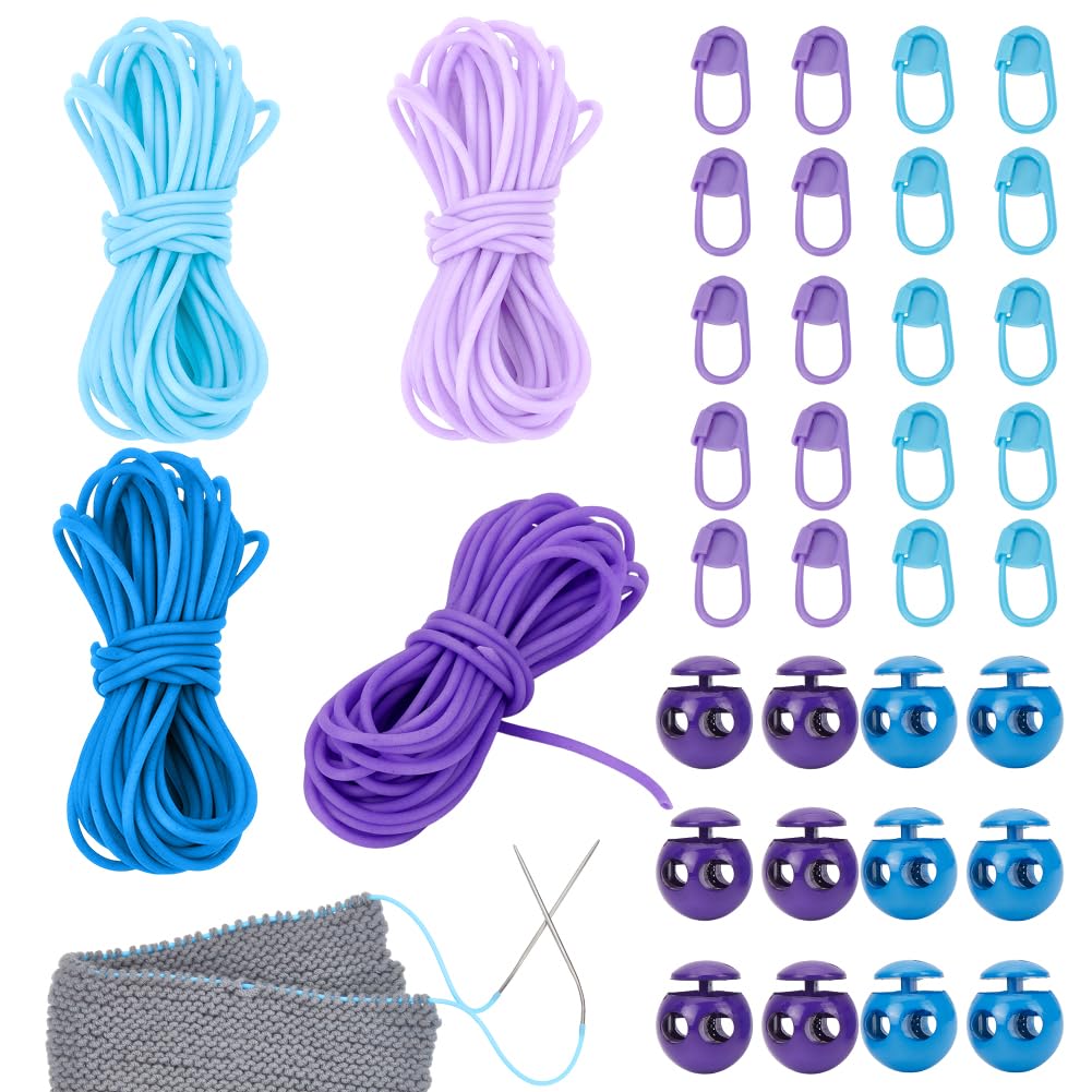 NBEADS 21.87Yards 4 Colors Knitting Rubber Cord, 4 Rolls Hollow Rubber Tubing Knitting Barber Cord with 12 Pcs 2-Hole Plastic Cord Locks 20 Pcs Stitch Needle Clips for Knitting Projects