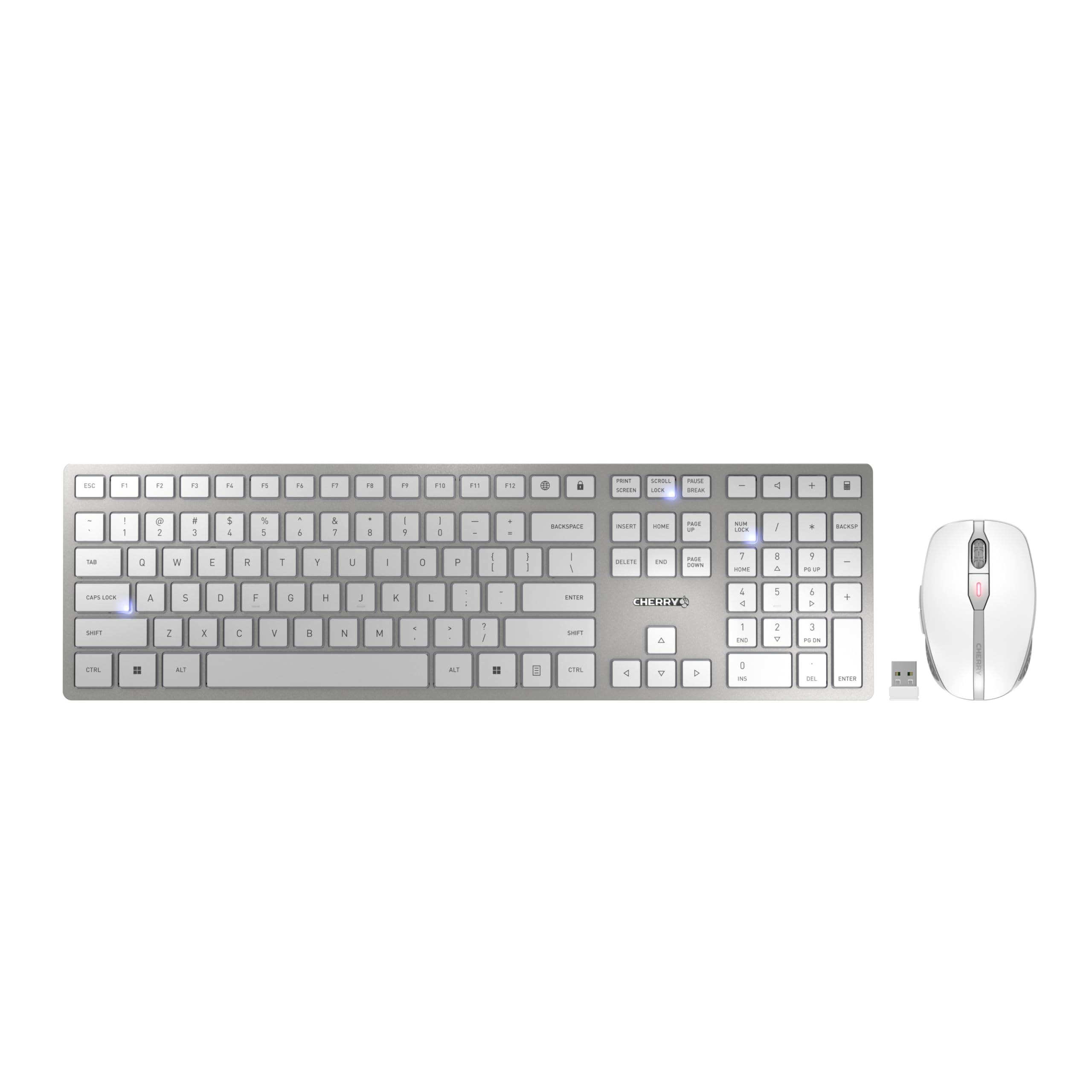 CHERRY DW 9100 Slim, Wireless Keyboard and Mouse Set, Bluetooth & 2.4 GHz RF Connection, Quiet Keys, Comfortable Writing, Rechargeable, QWERTY, Silver/White