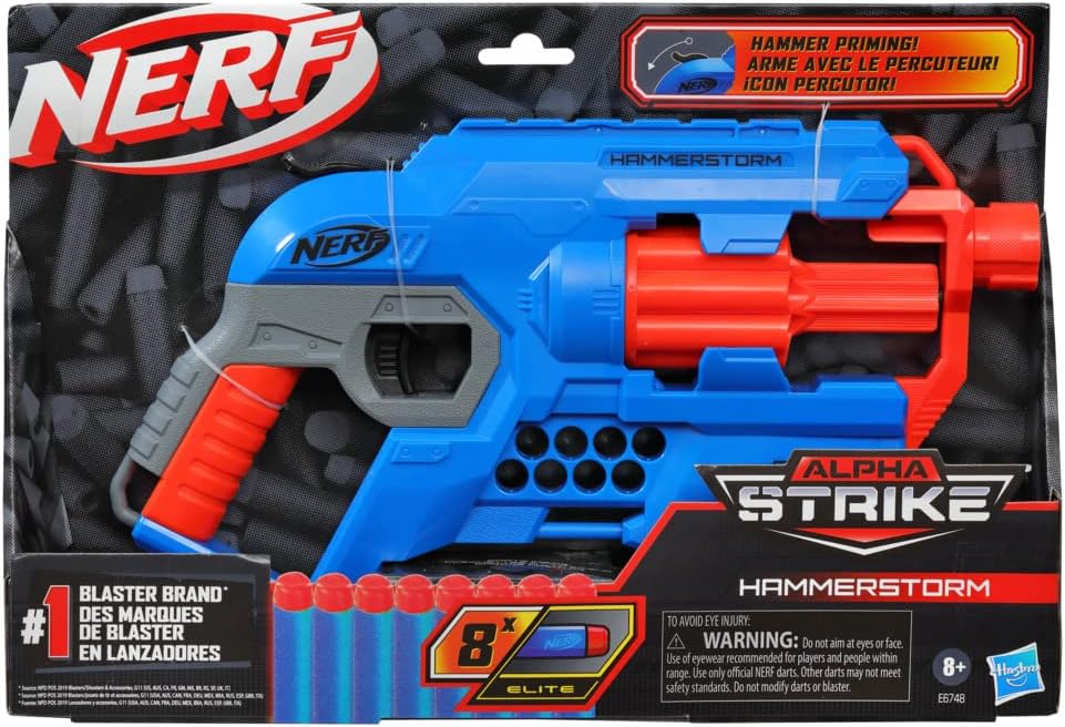 Nerf Alpha Strike Hammerstorm Blaster Hammer Priming Action, Rotating 8 Dart Drum, 8 Official Nerf Elite Darts For Kids, Teens, Adults, E6748EU6