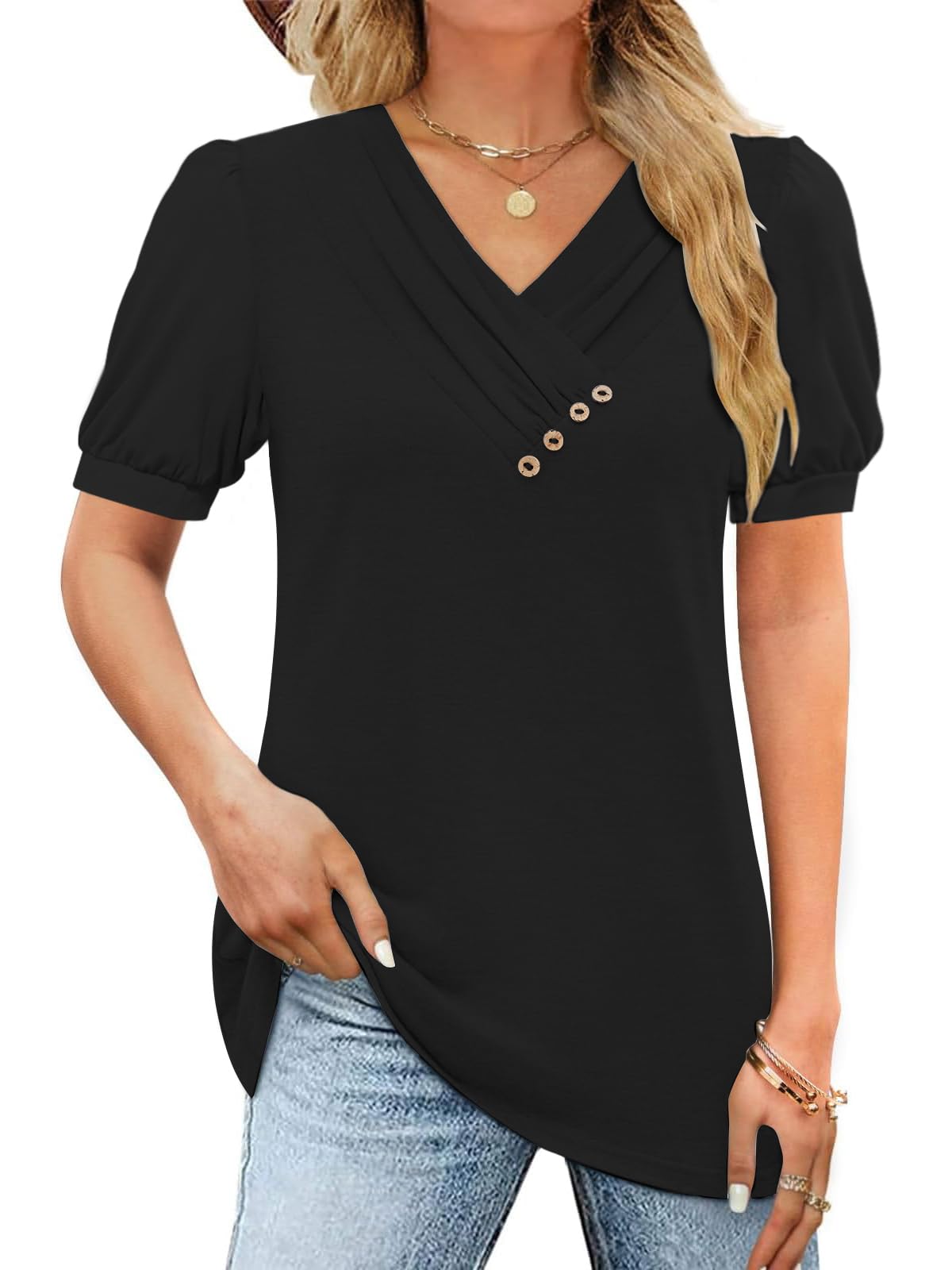 ZANZEA Women Summer Tunic Top Puff Sleeve Short Dressy Casual Blouse Business Office Work Wear T Shirt