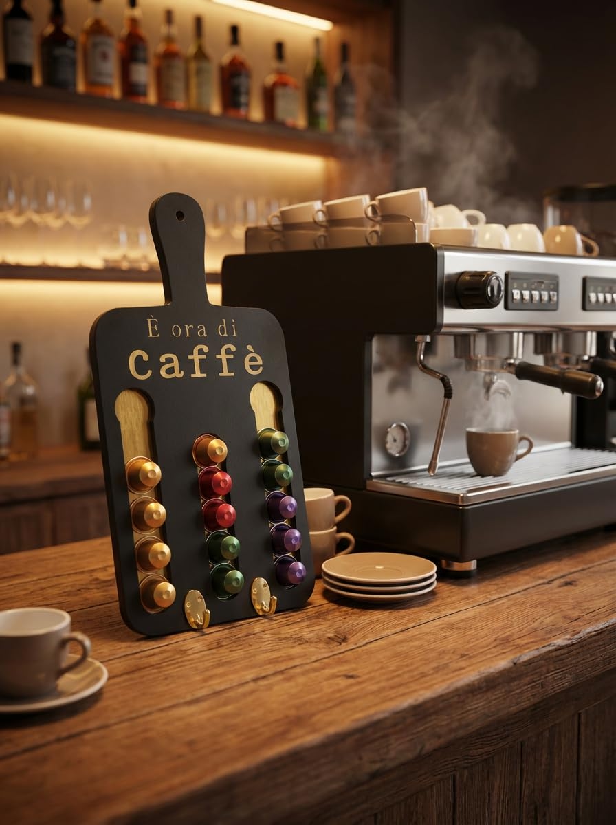 Generico Porta Cialde Caffè in Legno Artigianale – Supporto Elegante per Cialde Capsule per Nespresso e Compatibili – Organizer Salvaspazio per Cucina e Coffee Tè Portacapsule Station (Nero)