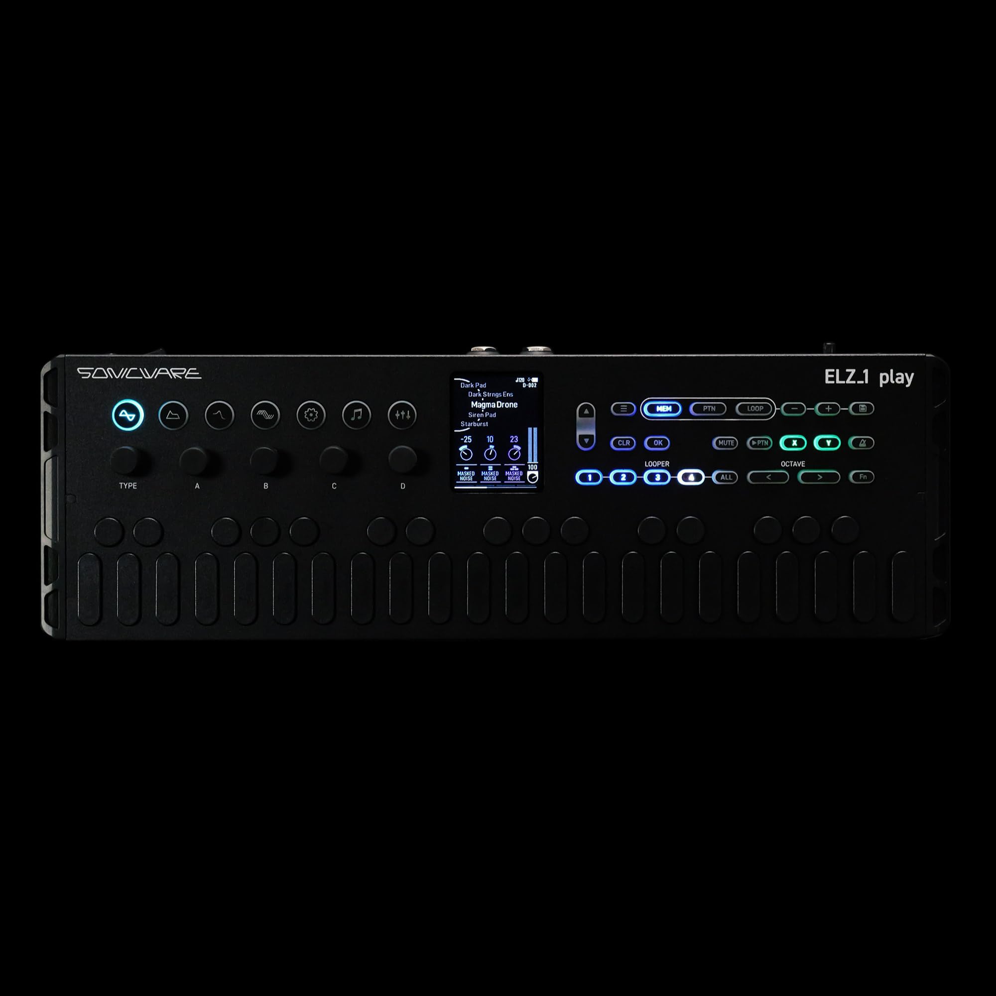SONICWARE ELZ_1 play V2 „All Black“ Launch Edition – Limitierter Synthesizer mit 18 Sound Engines, Wavetable & Layer-Modus, 4-Track-Looper, Inkl. Hartschalenkoffer, Schwarz