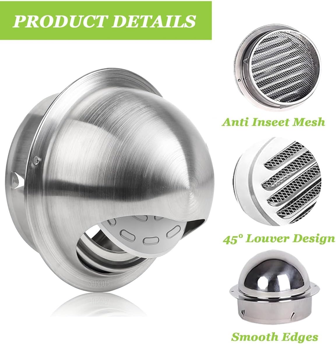 Vent Cover Outside Stainless Steel 2in 3in 4in 5in 6in 7in 10in Dryer Vent Cover Silver Soffit Vents with Hood Screen Mesh Grille for Home Bathroom Exterior Exhaust(300mm/11.81in)
