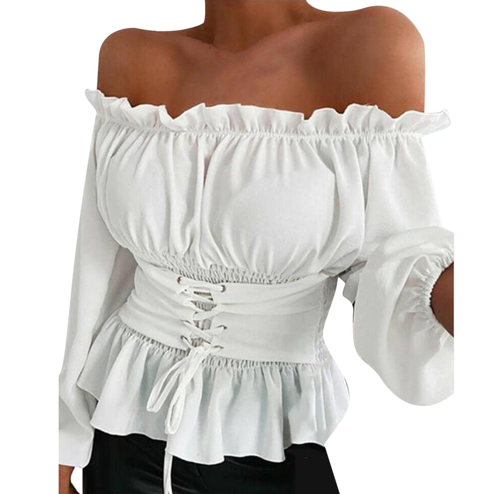 Generic Blusa pirata para mujer, color blanco, elegante, suave, con volantes, blusa renacentista, sin hombros, camisa pirata de manga larga con cordón, Halloween, carnaval, fiesta