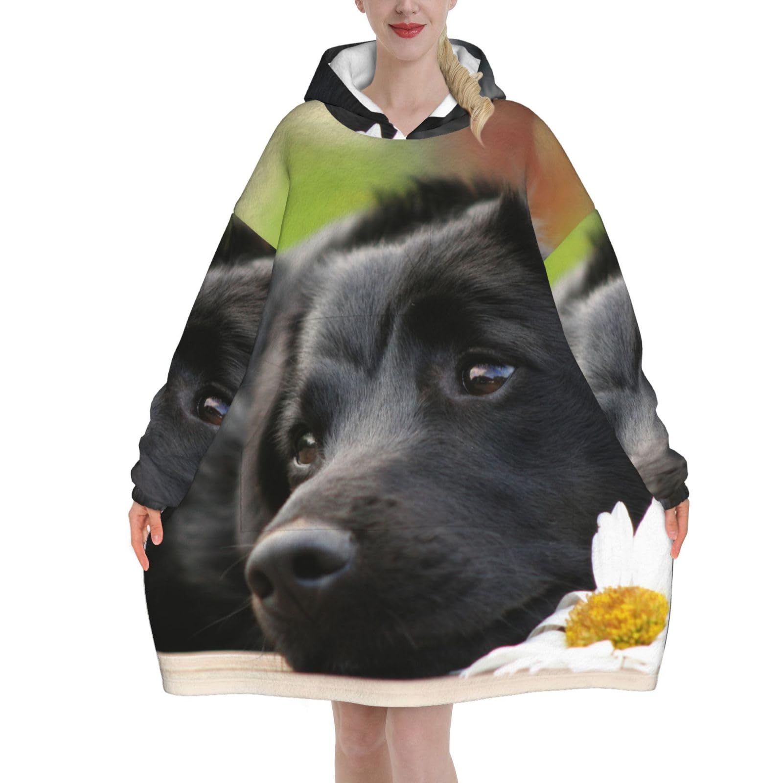 Poadnly Unisex As Picture Black Labrador Chamomile Black Retriever Dogs,Women's Oversized Wearable Blanket Hoodie, Blanket Sweatshirt,Flannel Pullover Blanket