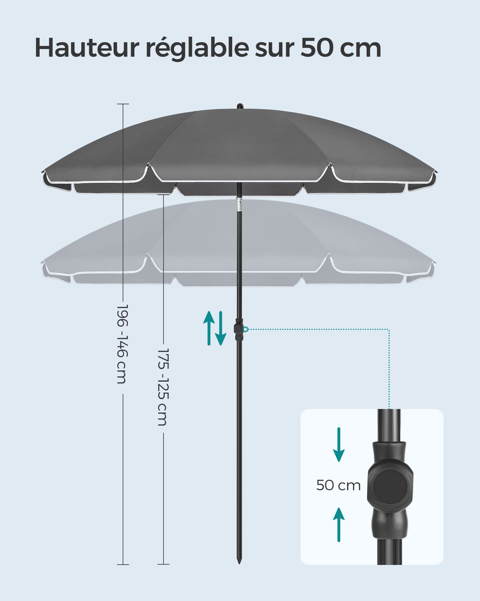 SONGMICS Parasol de 160 cm, Protection Solaire UPF 50+, Inclinable sur 30° dans les 2 sens, Hauteur Réglable, avec Sac de Transport, pour Balcon, Jardin, Terrasse, Plage, sans Base, Gris GPU060G01