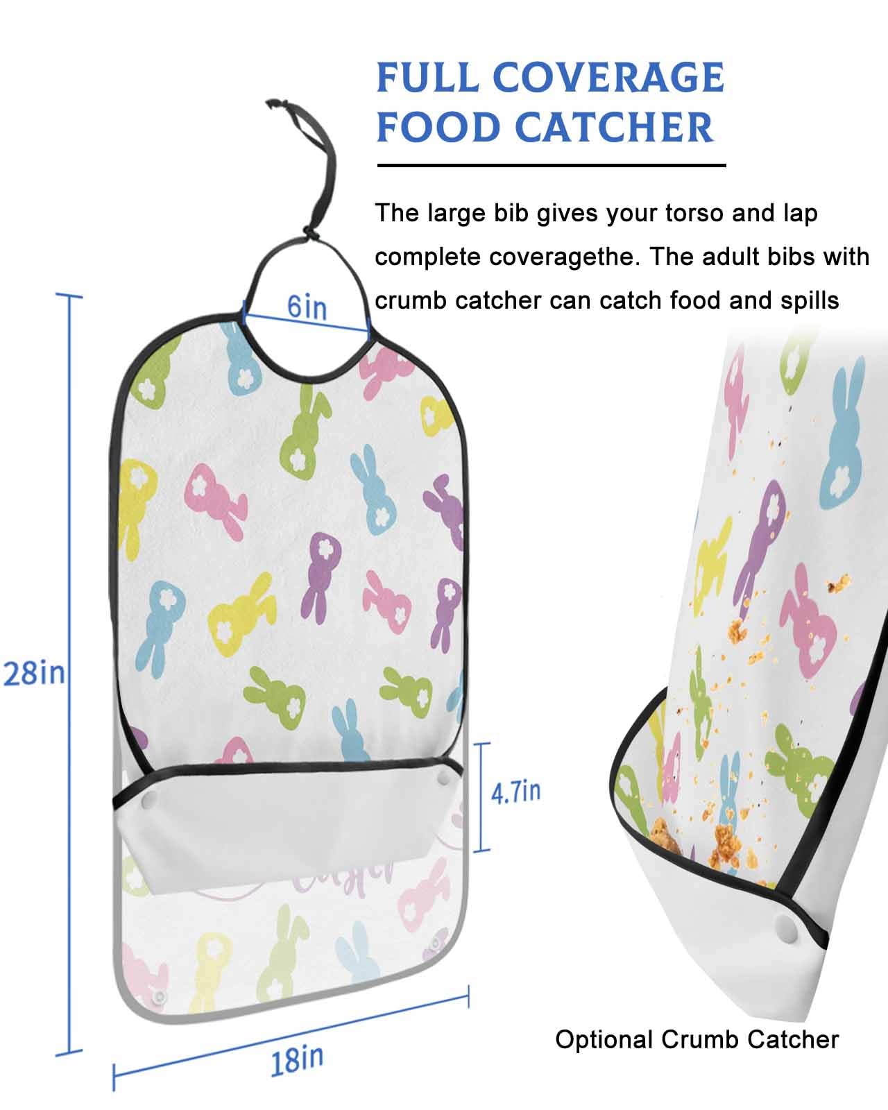 LEOKOTI Happy Easter Adult Bibs for Eating, Waterproof Bibs with Food Catcher & Adjustable Snap Closure, Colorful Bunny Spring Floral Botanical Washable Clothing Protectors Adult Bibs for Elderly