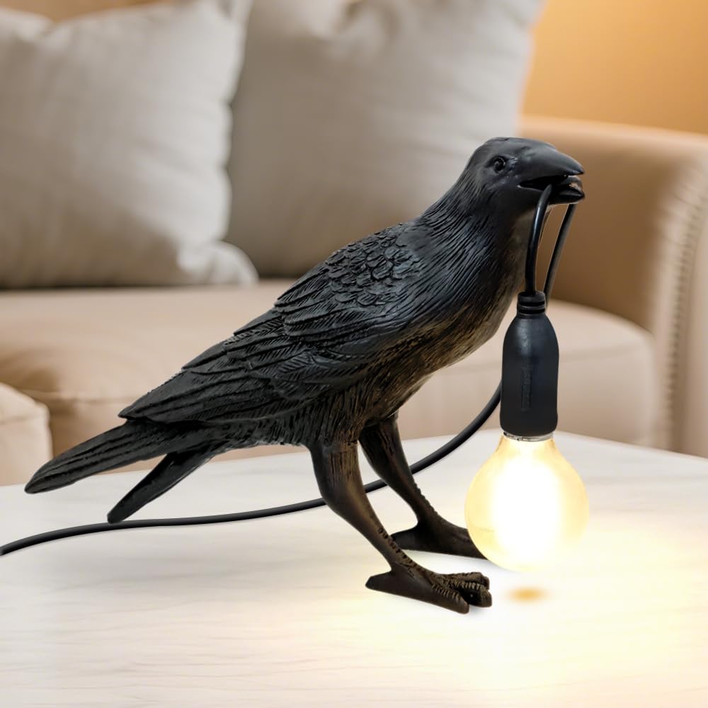 Resina Lampada da Comodino,Lampadas Tavolo Stile Corvo,Con Interruttore A Bottone,Lampada da Scrivani Per Soggiorno Camera Da Letto Ufficio,Nero Luce Lettura e Luce Notturna,Lampade E14 non Incluse
