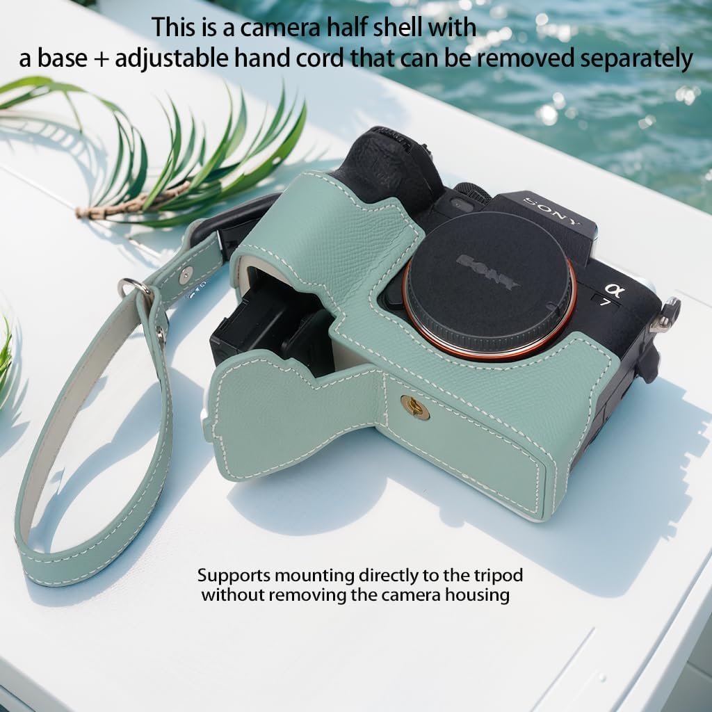 Bowan for Sony A7 Mark IV Camera Case,Handmade Genuine Real Leather Half Camera Case Bag Cover for A7IV A7M IV A7M4 A7 Mark IV A7RV A7R5 Camera Bottom Opening Version + Hand Strap (Mint Green)